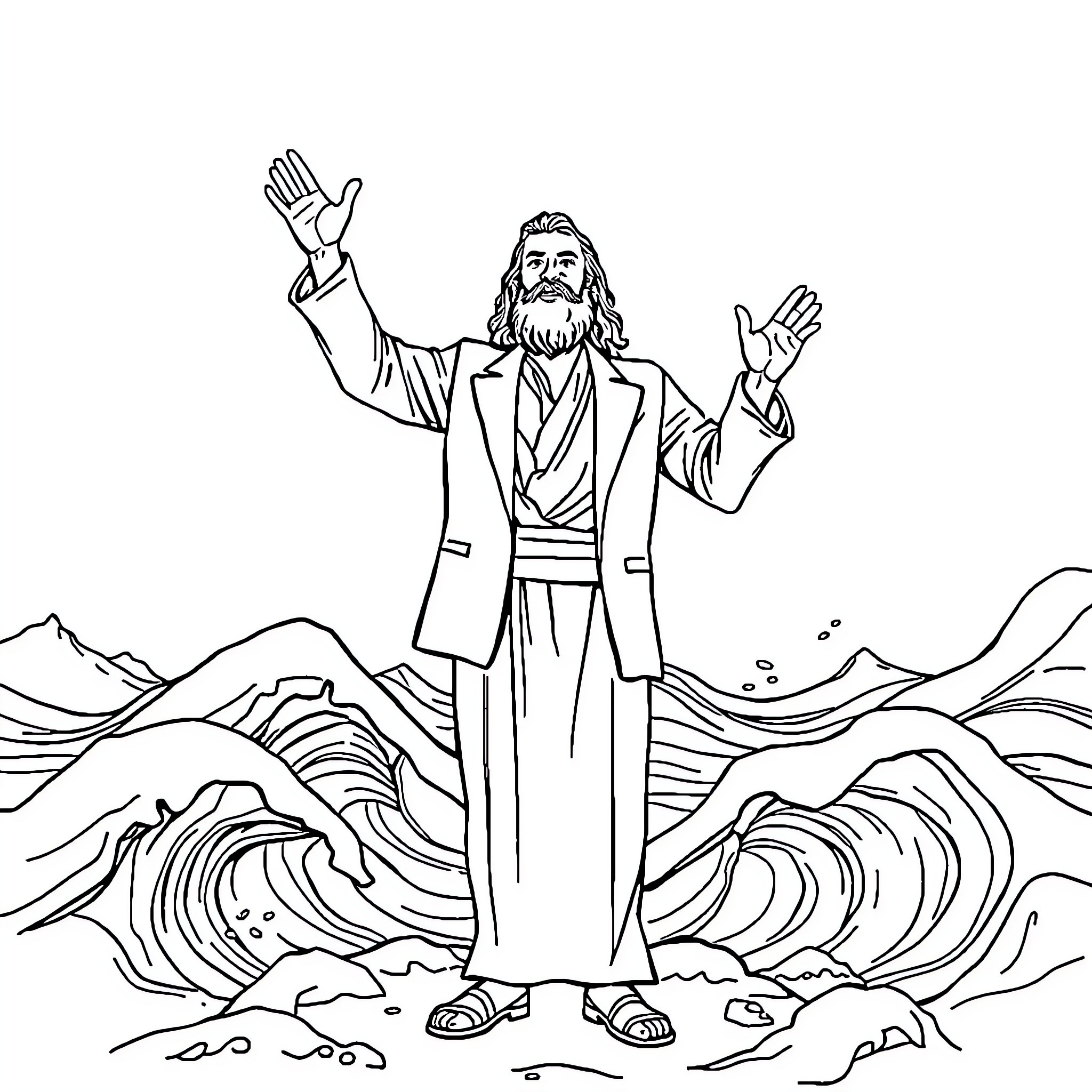 Moses parting the sea with outstretched hands Coloring Page (free black-and-white line drawing printable PDF for all, from beginners to advanced learners, including children, teens, adults, and seniors)