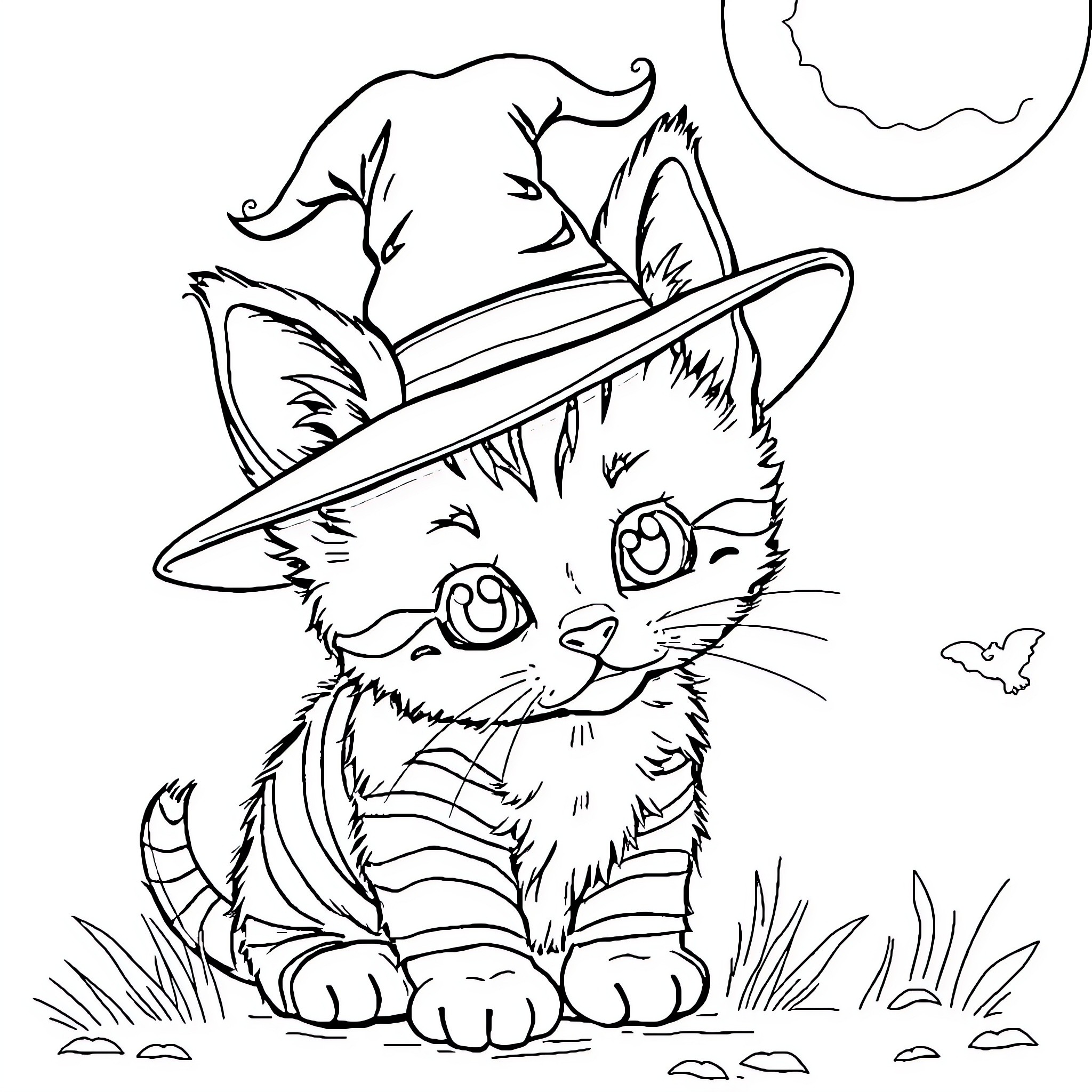 Kitten wearing a cowboy hat in the moonlight Coloring Page (free black-and-white line drawing printable PDF for all, from beginners to advanced learners, including children, teens, adults, and seniors)