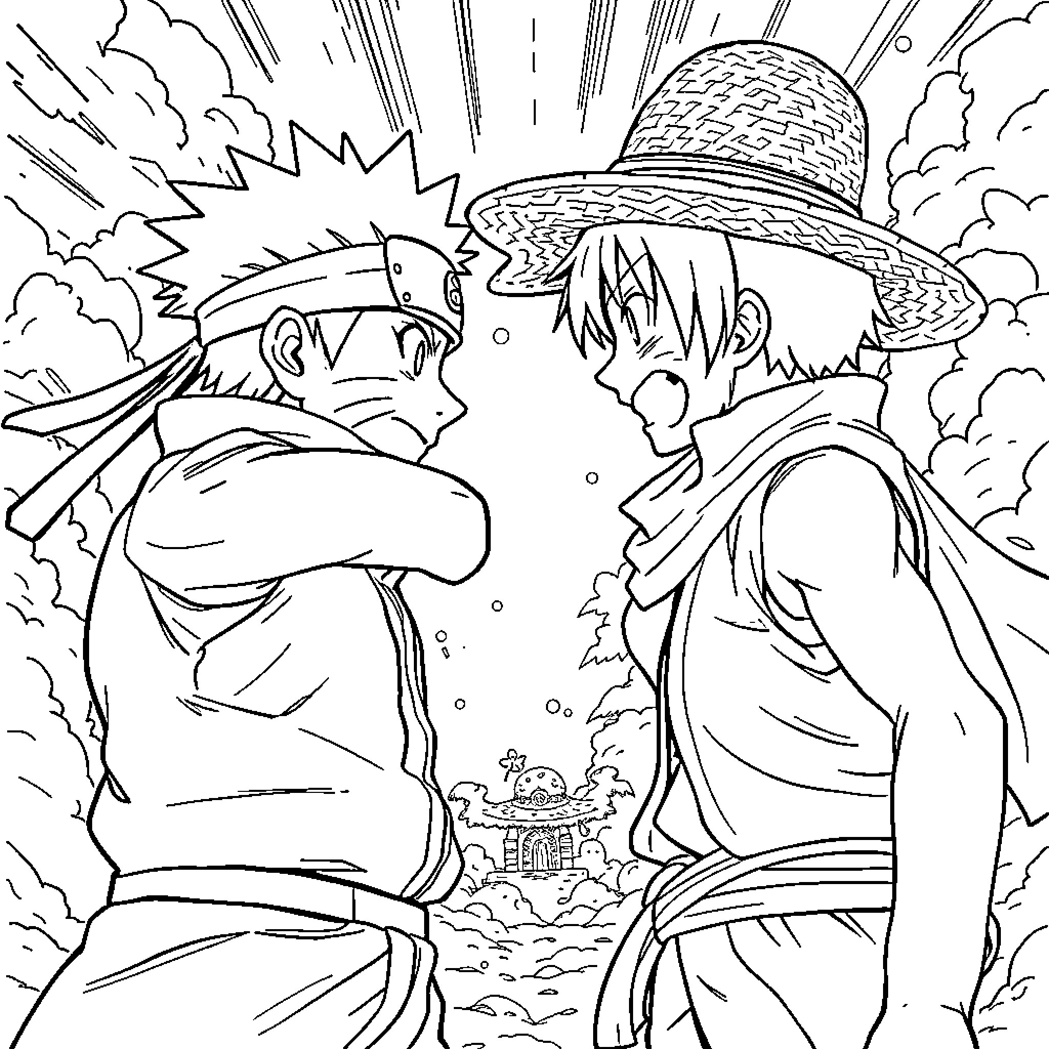 Naruto characters in intense battle scene Coloring Page (free black-and-white line drawing printable PDF for all, from beginners to advanced learners, including children, teens, adults, and seniors)
