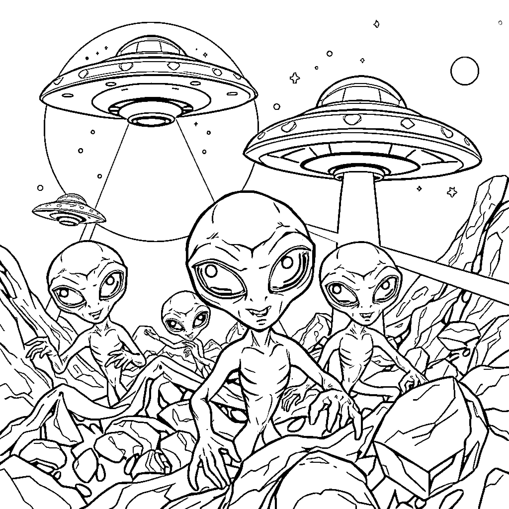 Alien Encounter with Curious Extraterrestrials Coloring Page (free black-and-white line drawing printable PDF for all, from beginners to advanced learners, including children, teens, adults, and seniors)