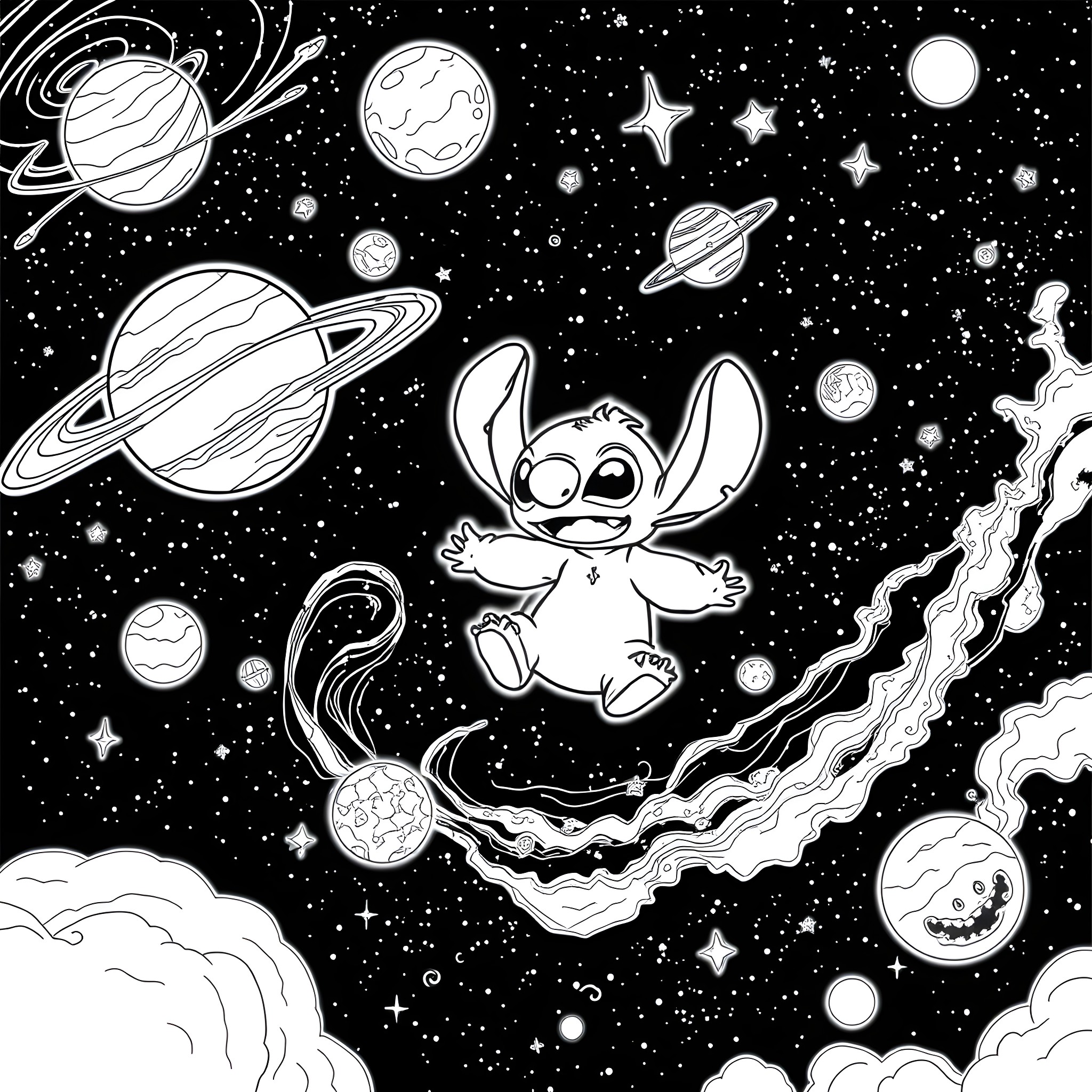Lilo exploring the wonders of the galaxy Coloring Page (free black-and-white line drawing printable PDF for all, from beginners to advanced learners, including children, teens, adults, and seniors)