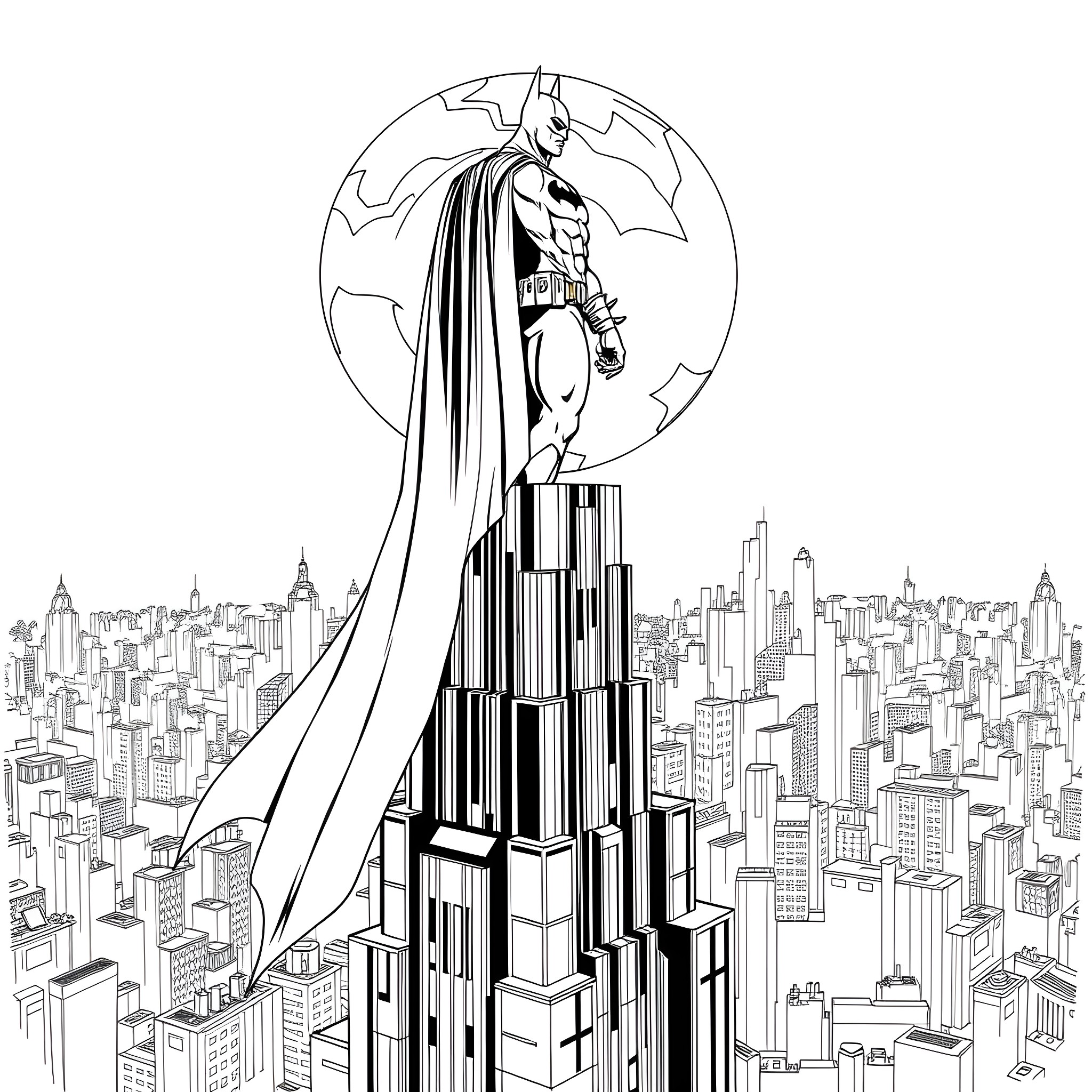 Batman overlooking the city skyline Coloring Page (free black-and-white line drawing printable PDF for all, from beginners to advanced learners, including children, teens, adults, and seniors)