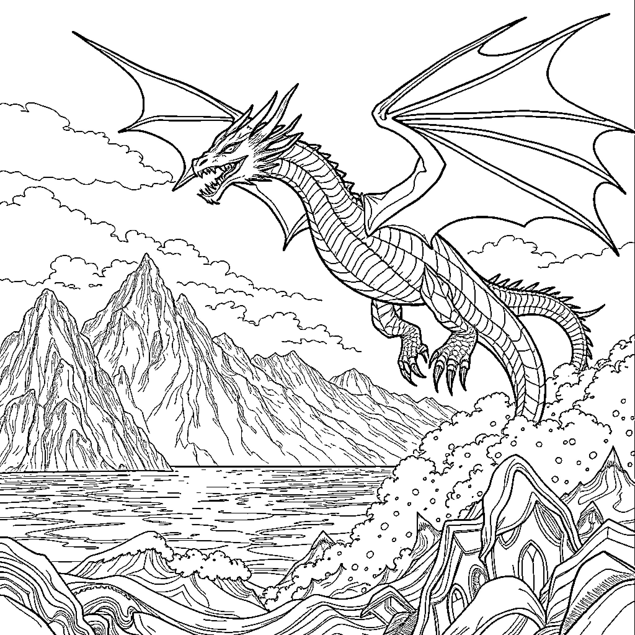 Dragon soaring over majestic mountain landscape Coloring Page (free black-and-white line drawing printable PDF for all, from beginners to advanced learners, including children, teens, adults, and seniors)