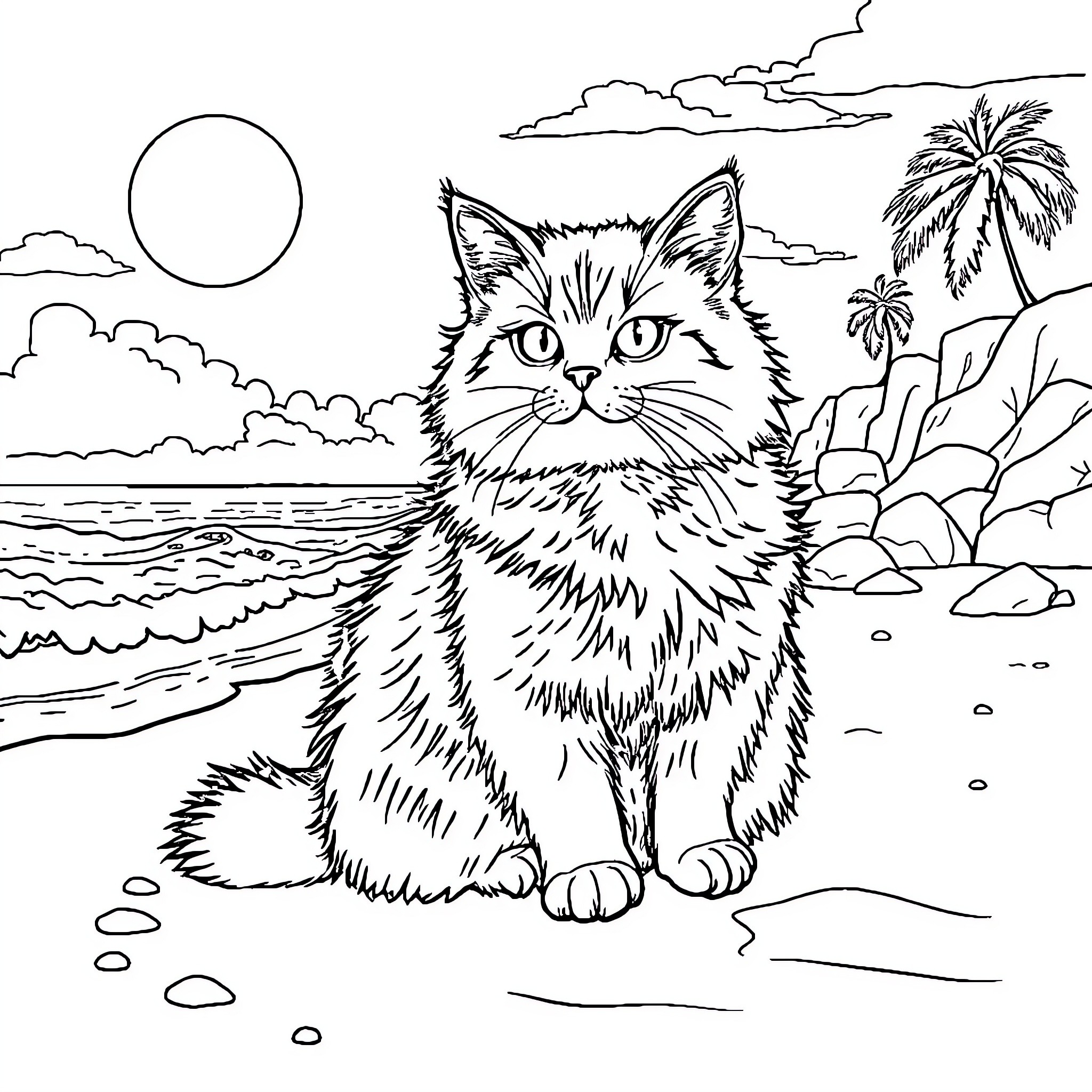 Cat relaxing on the beach Coloring Page (free black-and-white line drawing printable PDF for all, from beginners to advanced learners, including children, teens, adults, and seniors)