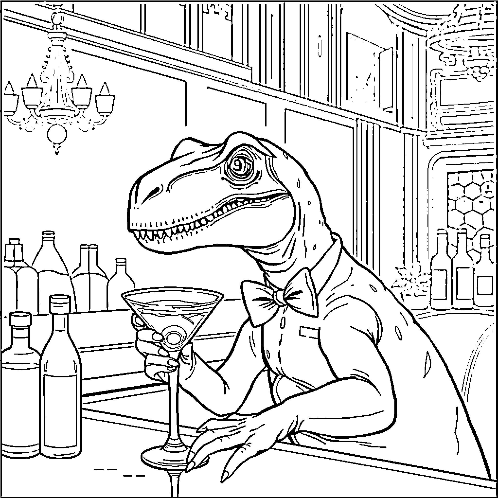 Velociraptor enjoying a cocktail at the bar Coloring Page (free black-and-white line drawing printable PDF for all, from beginners to advanced learners, including children, teens, adults, and seniors)