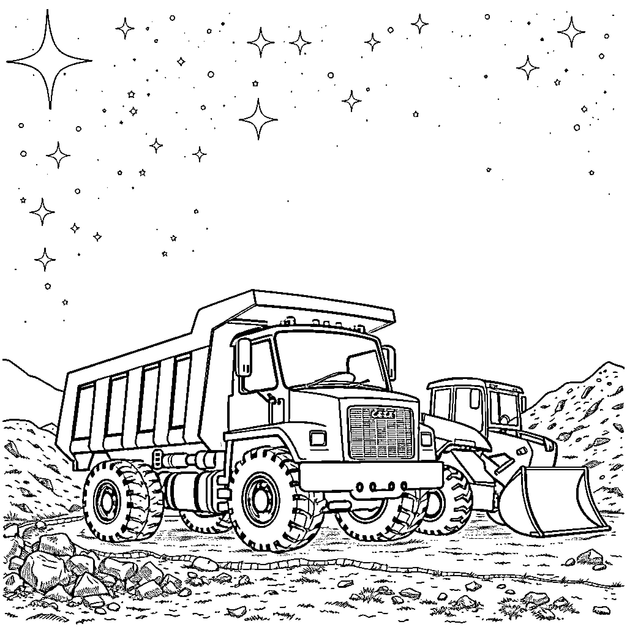 Dump Truck Transporting Cargo in the Countryside Coloring Page (free black-and-white line drawing printable PDF for all, from beginners to advanced learners, including children, teens, adults, and seniors)
