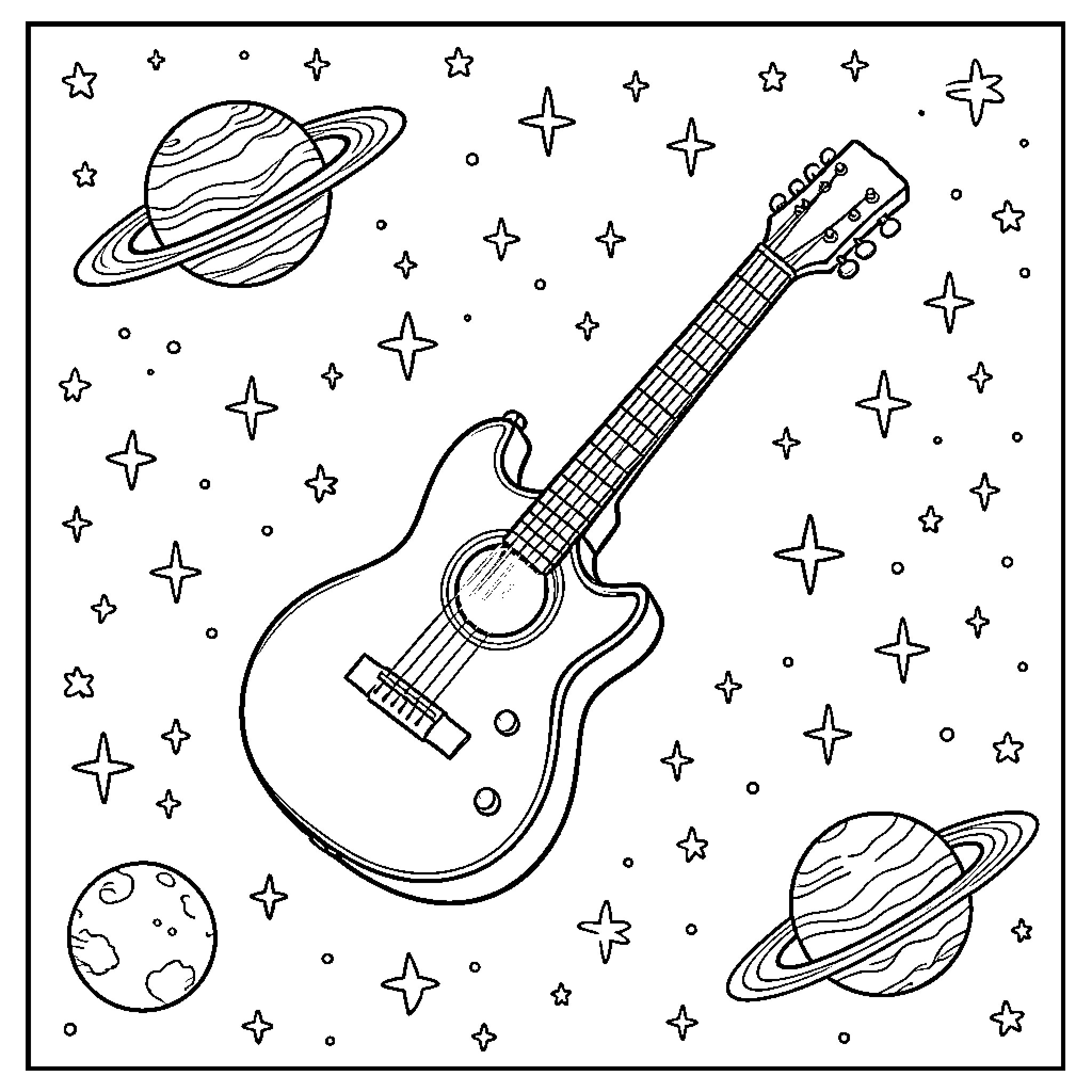 Guitar in cosmic space with celestial objects Coloring Page (free black-and-white line drawing printable PDF for all, from beginners to advanced learners, including children, teens, adults, and seniors)