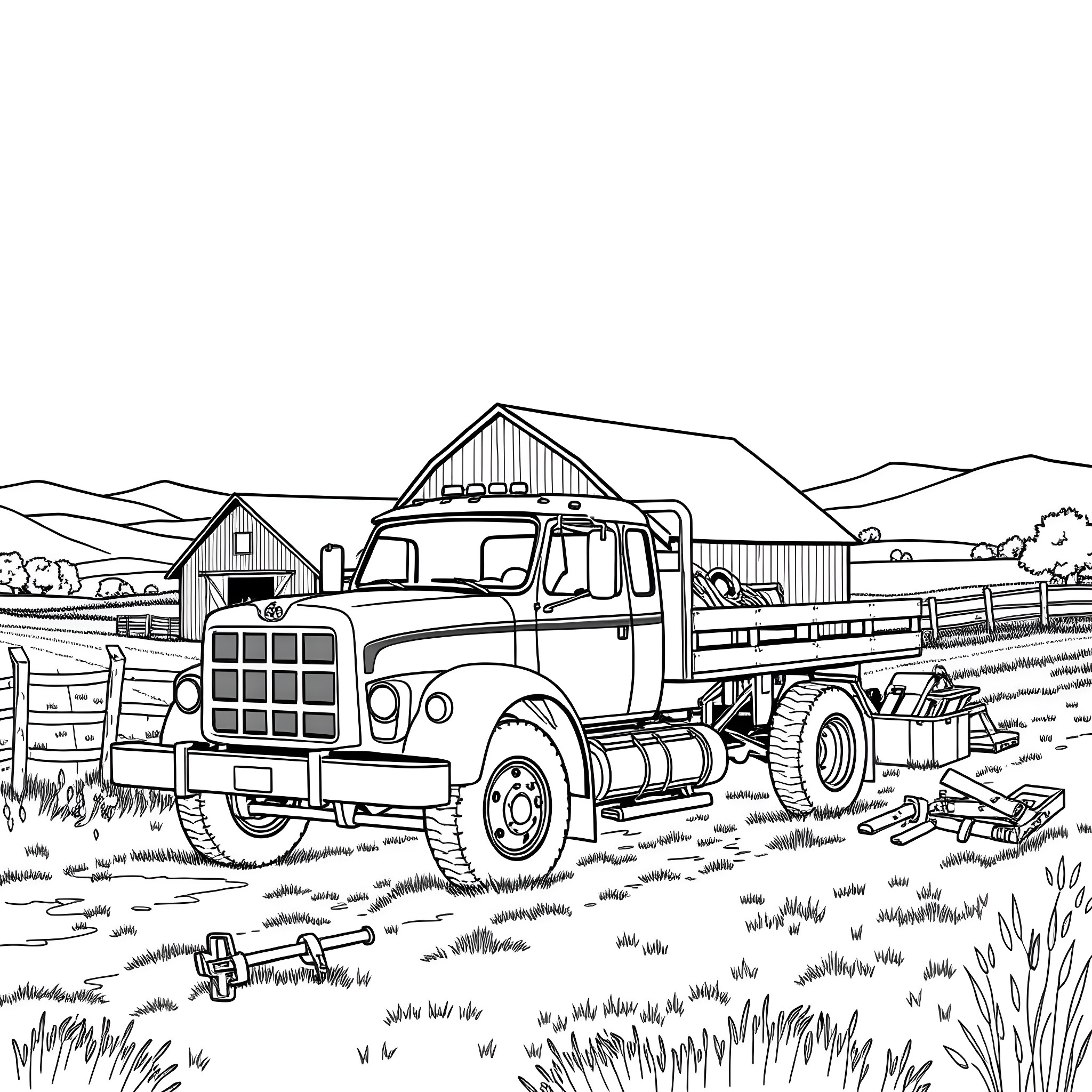 Flatbed truck transporting cargo on a rural farm landscape Coloring Page (free black-and-white line drawing printable PDF for all, from beginners to advanced learners, including children, teens, adults, and seniors)