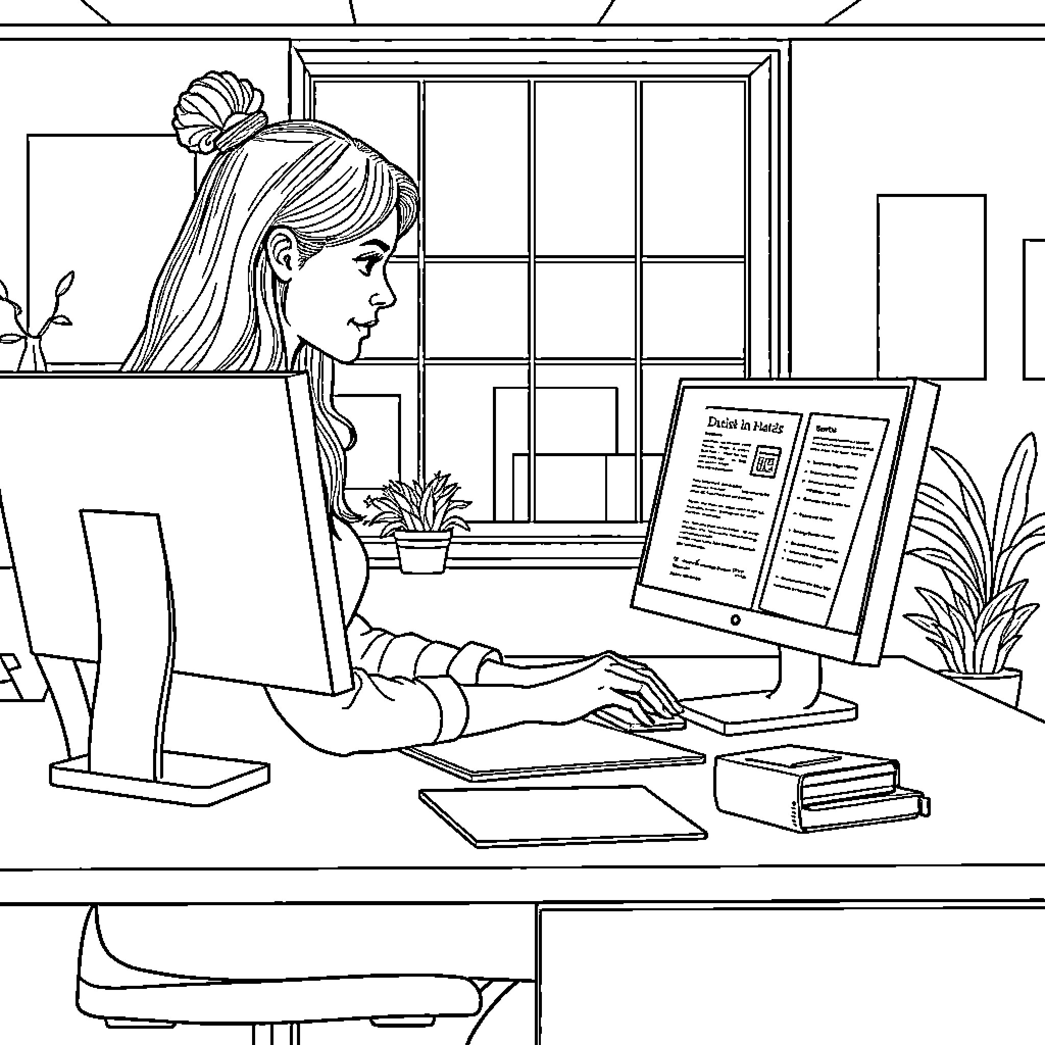 Lady working diligently on her computer in office Coloring Page (free black-and-white line drawing printable PDF for all, from beginners to advanced learners, including children, teens, adults, and seniors)