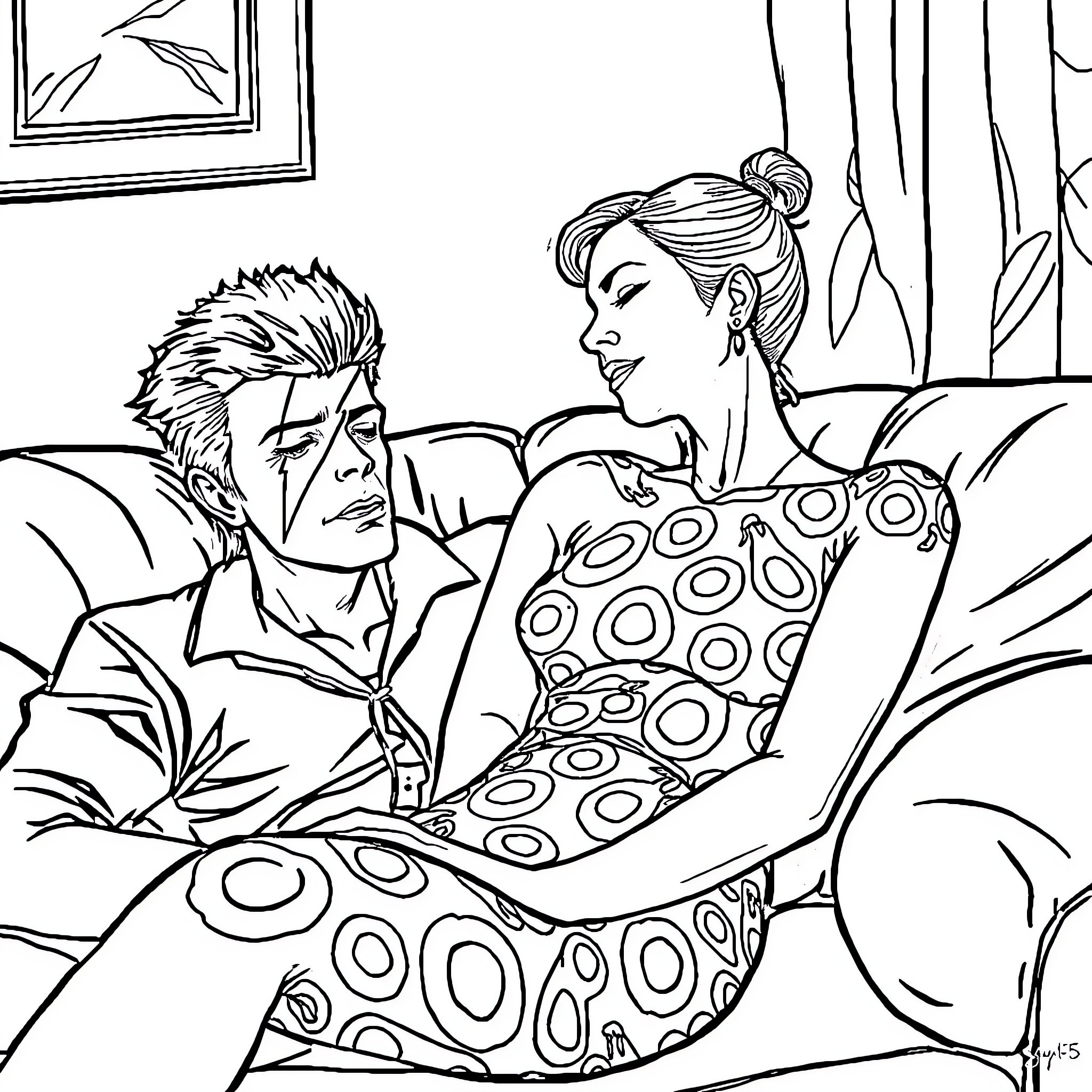 David Bowie Couple Resting on Couch Coloring Page (free black-and-white line drawing printable PDF for all, from beginners to advanced learners, including children, teens, adults, and seniors)