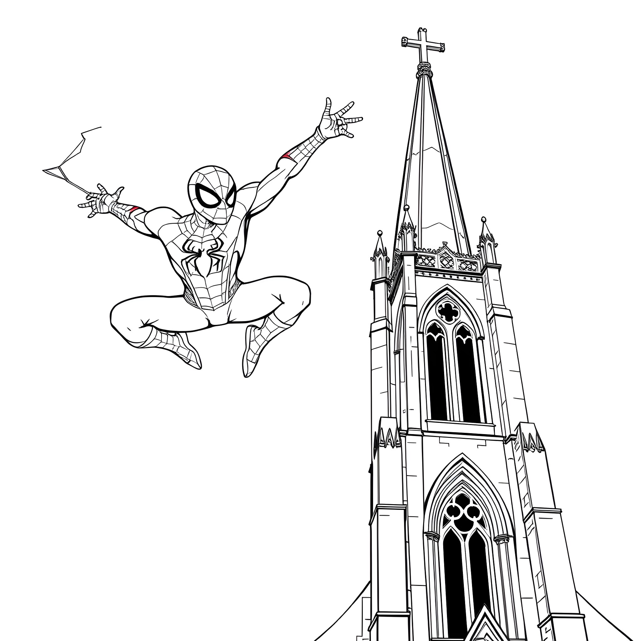 Spiderman swinging heroically above a gothic cathedral Coloring Page (free black-and-white line drawing printable PDF for all, from beginners to advanced learners, including children, teens, adults, and seniors)