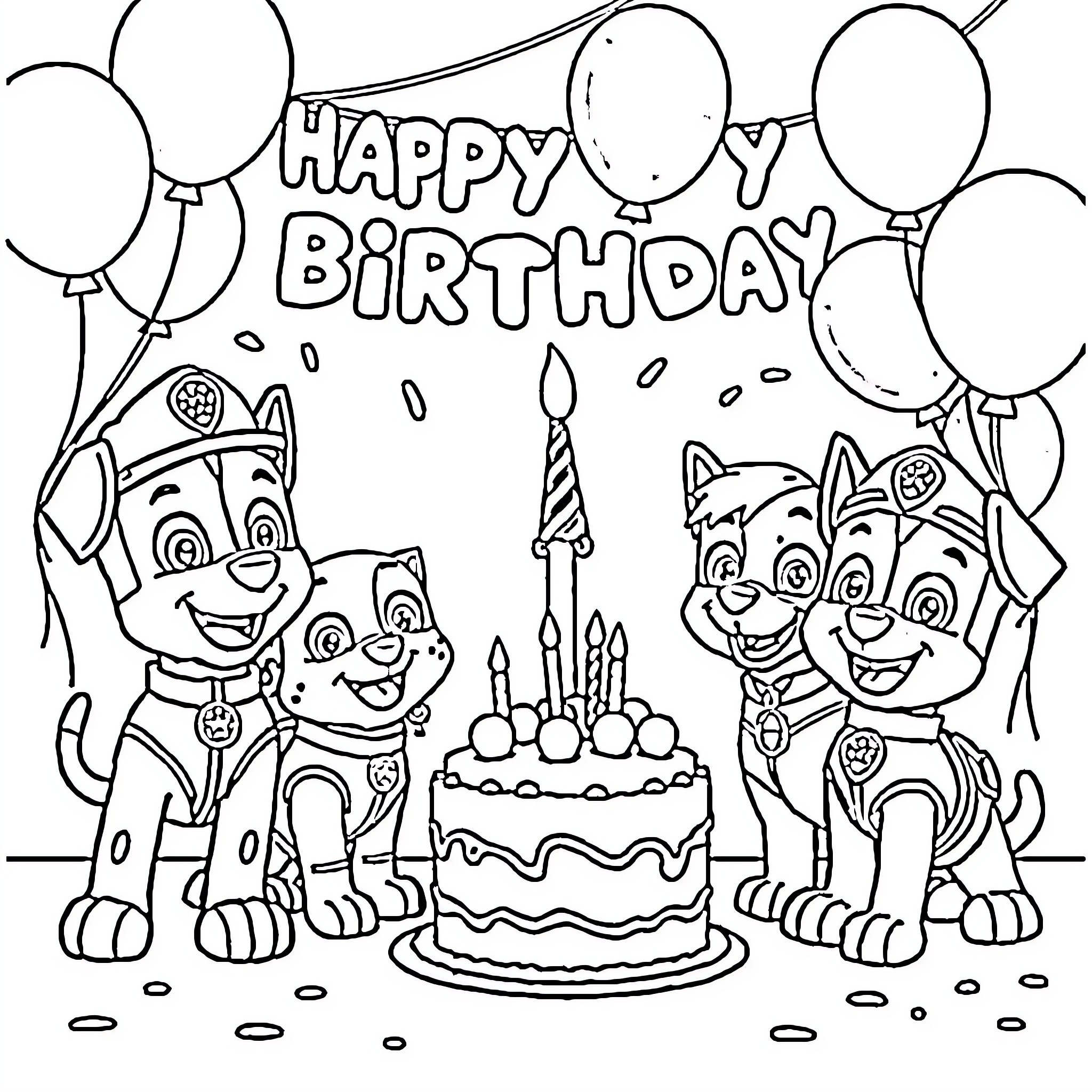 Paw Patrol Celebrate Happy Birthday with Cake and Balloons Coloring Page (free black-and-white line drawing printable PDF for all, from beginners to advanced learners, including children, teens, adults, and seniors)