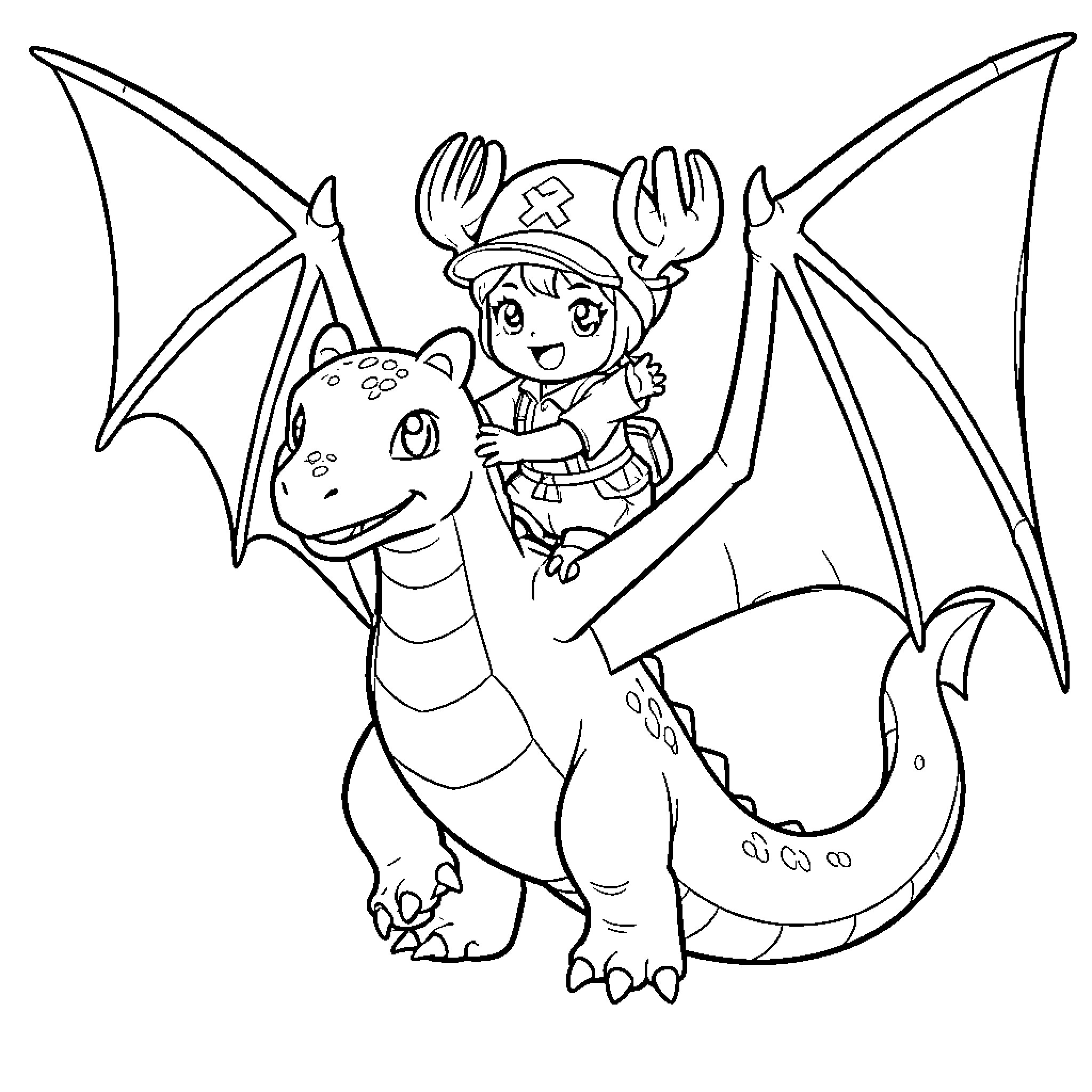 Tony Tony Chopper riding a friendly dragon Coloring Page (free black-and-white line drawing printable PDF for all, from beginners to advanced learners, including children, teens, adults, and seniors)