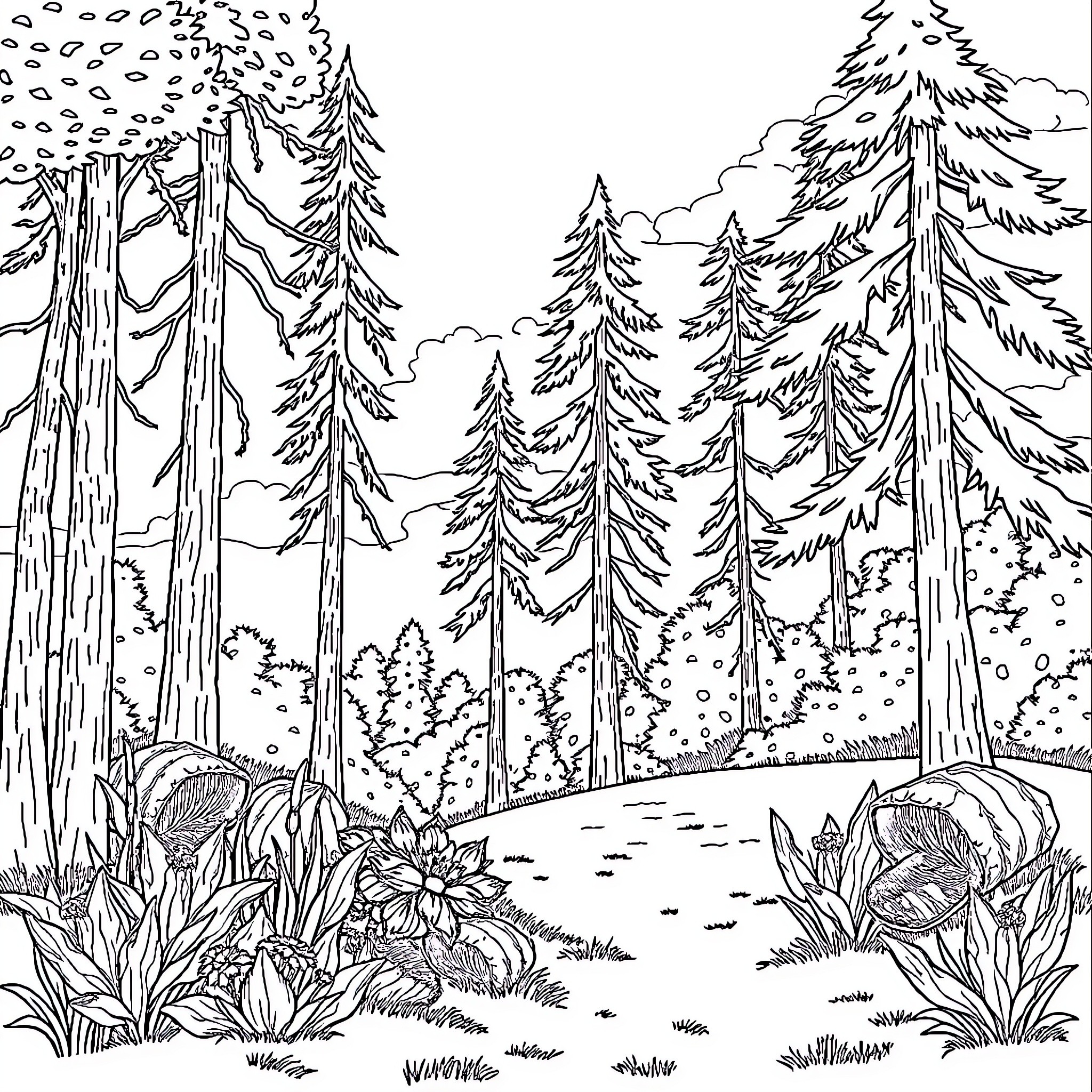 Nature's Enchanting Forest Landscape Coloring Page (free black-and-white line drawing printable PDF for all, from beginners to advanced learners, including children, teens, adults, and seniors)