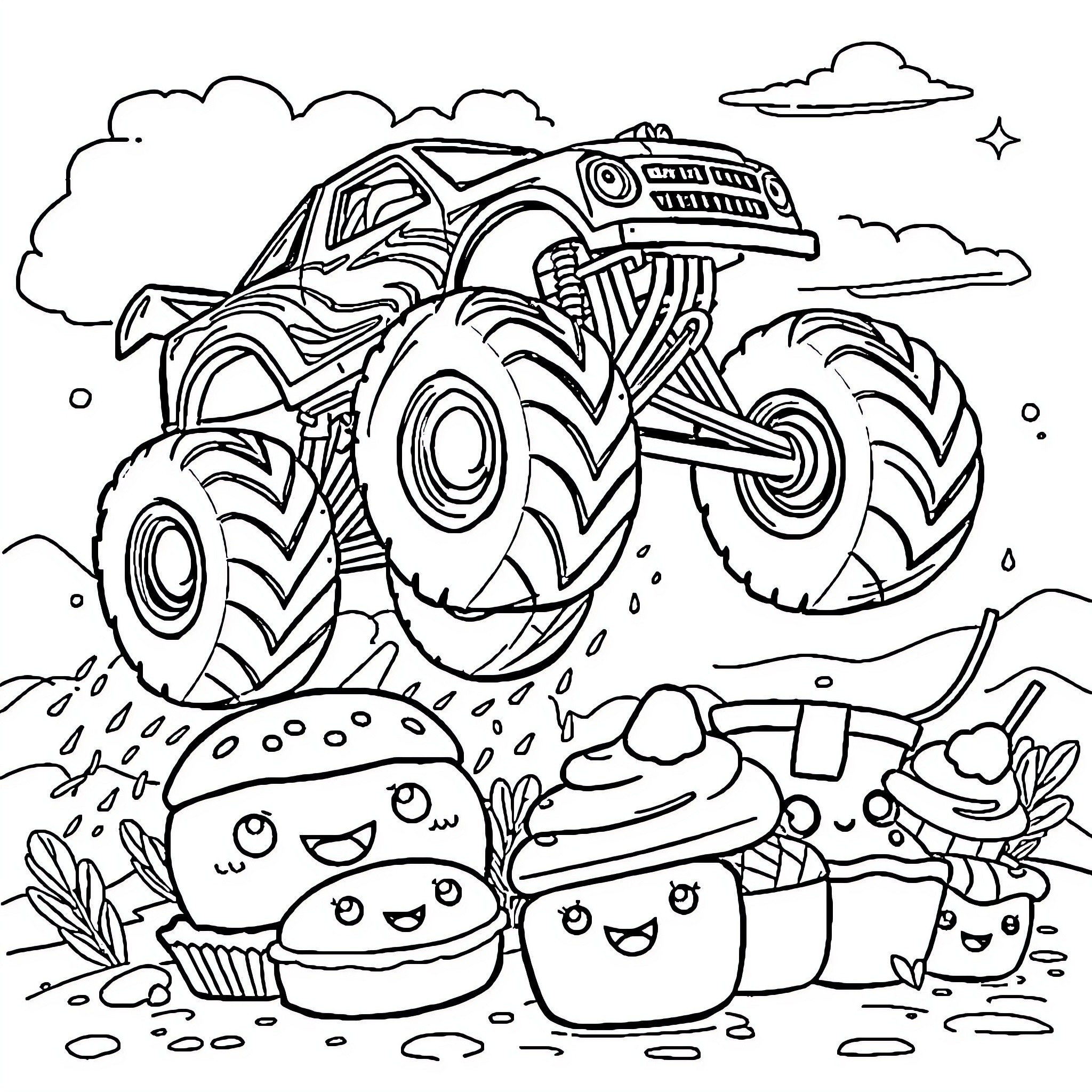 Monster Truck Crushing Cartoon Treats and Sweets Coloring Page (free black-and-white line drawing printable PDF for all, from beginners to advanced learners, including children, teens, adults, and seniors)