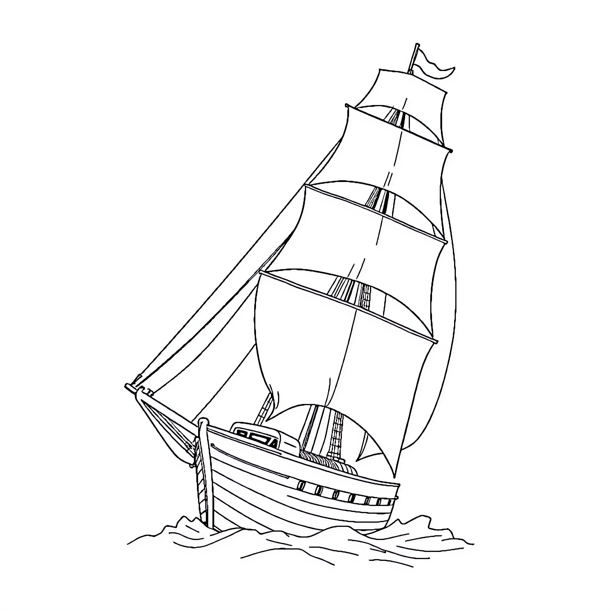 Ship sailing on the open waters Coloring Page (free black-and-white line drawing printable PDF for all, from beginners to advanced learners, including children, teens, adults, and seniors)