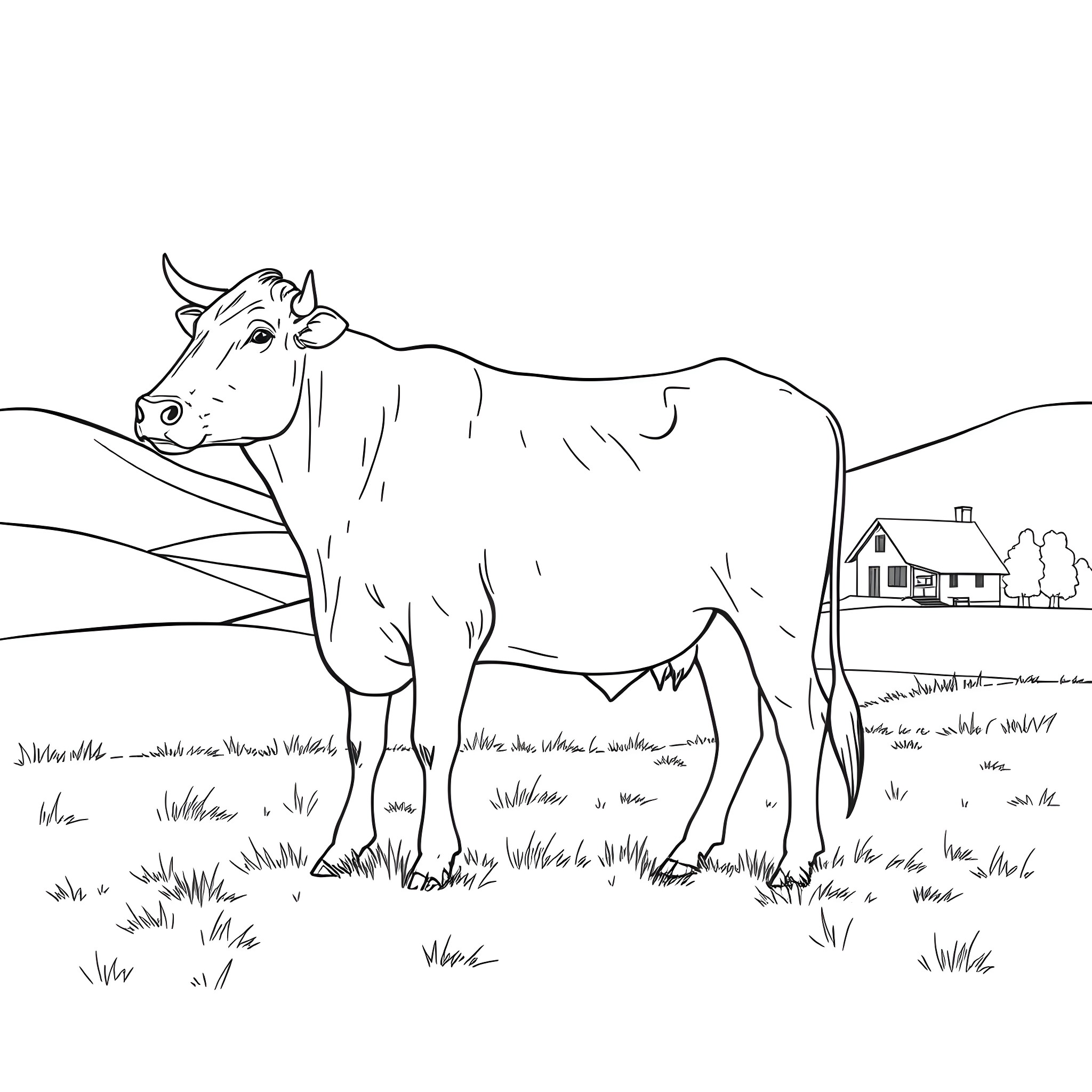 Cow standing in a field near a farmhouse Coloring Page (free black-and-white line drawing printable PDF for all, from beginners to advanced learners, including children, teens, adults, and seniors)