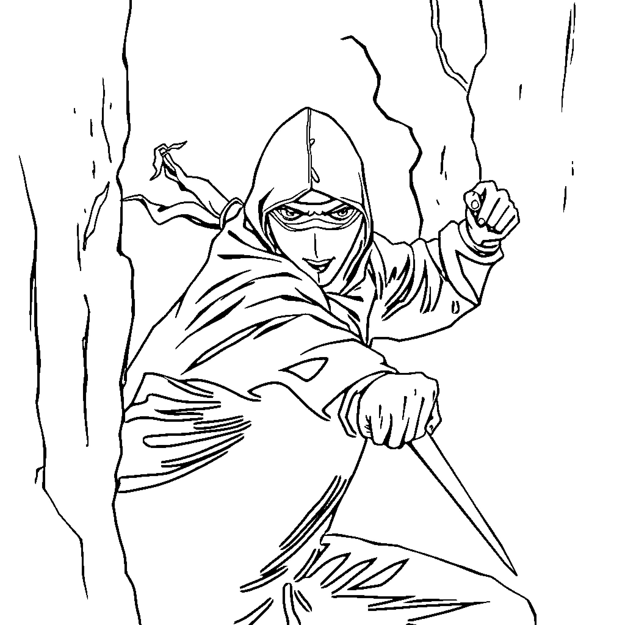 Ninja in intense battle stance with sword Coloring Page (free black-and-white line drawing printable PDF for all, from beginners to advanced learners, including children, teens, adults, and seniors)