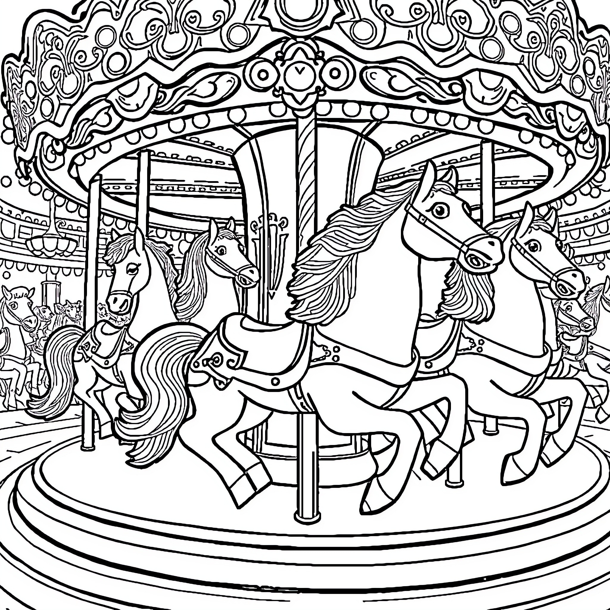 Horses on a Whimsical Carousel Ride Coloring Page (free black-and-white line drawing printable PDF for all, from beginners to advanced learners, including children, teens, adults, and seniors)