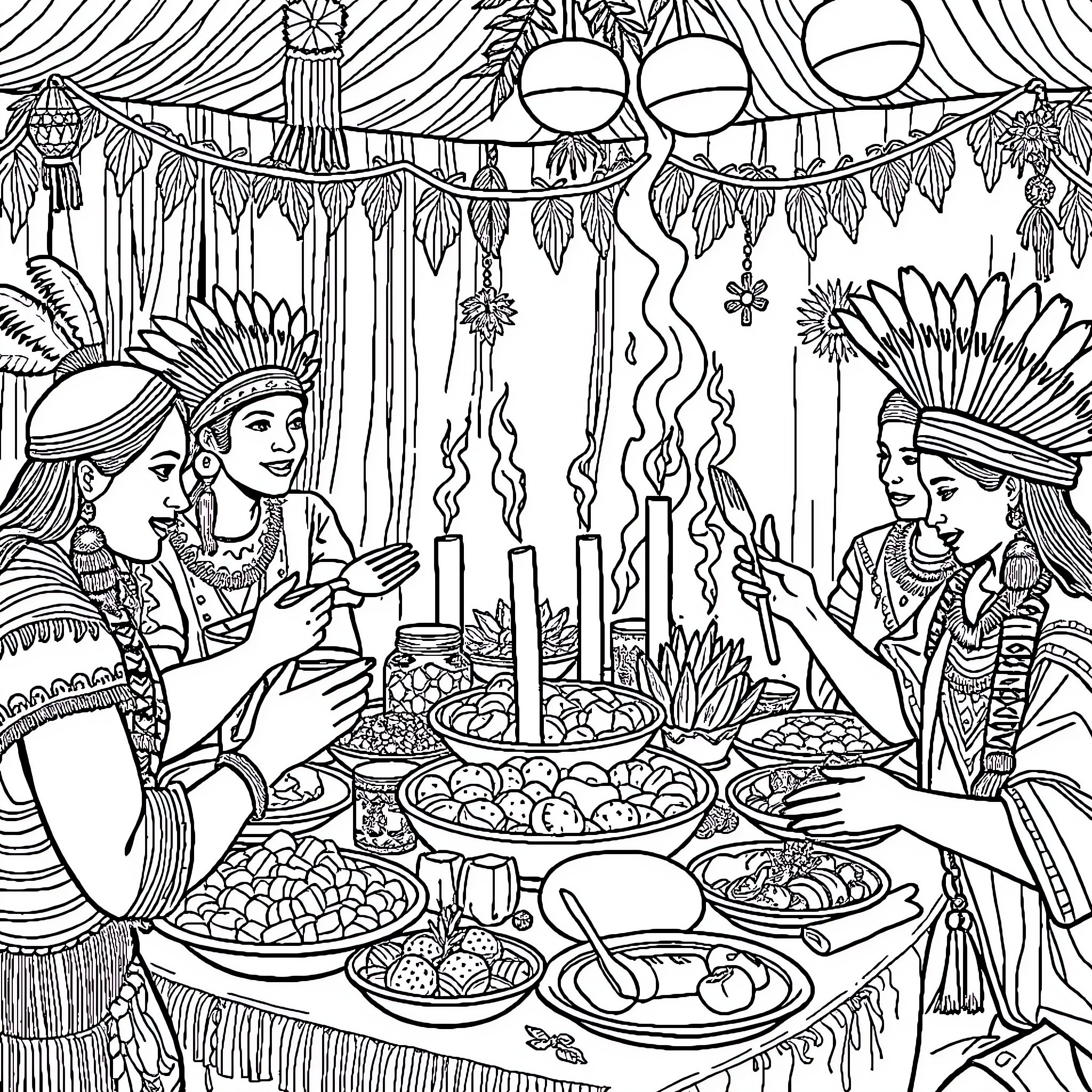 Repas de fête traditionnelle avec personnages en costume Coloring Page (free black-and-white line drawing printable PDF for all, from beginners to advanced learners, including children, teens, adults, and seniors)