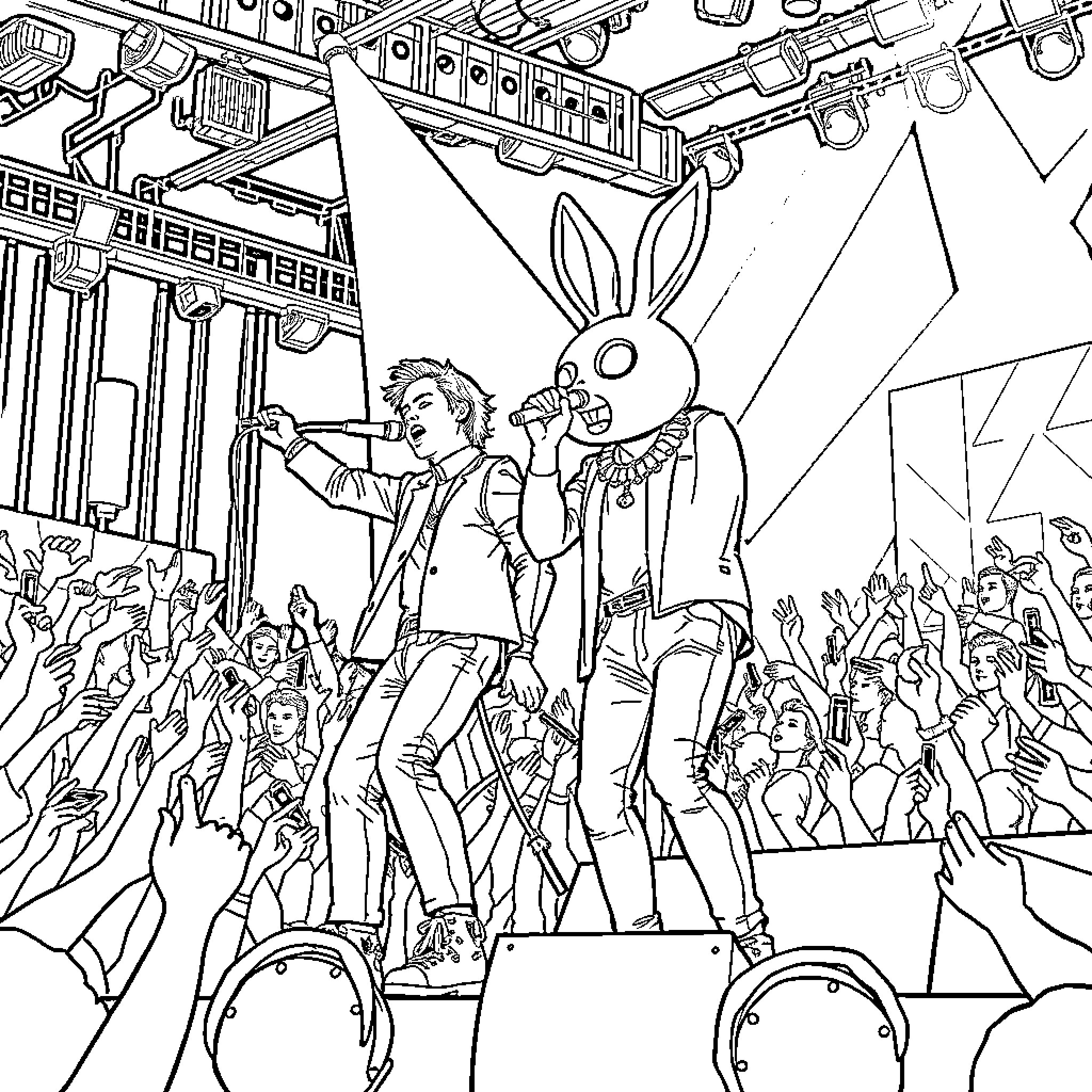 Harry Styles Performing with Animated Rabbit on Stage Coloring Page (free black-and-white line drawing printable PDF for all, from beginners to advanced learners, including children, teens, adults, and seniors)