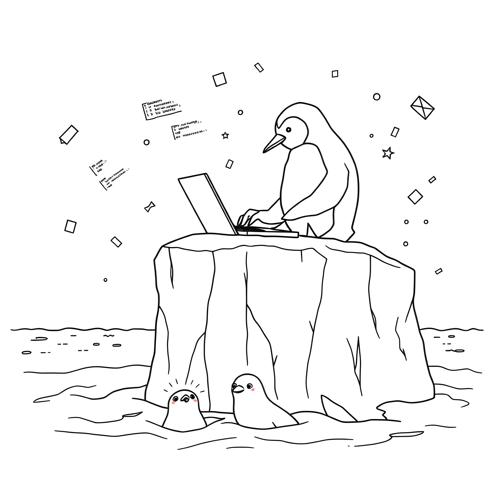 Penguin using laptop on snowy cliff Coloring Page (free black-and-white line drawing printable PDF for all, from beginners to advanced learners, including children, teens, adults, and seniors)