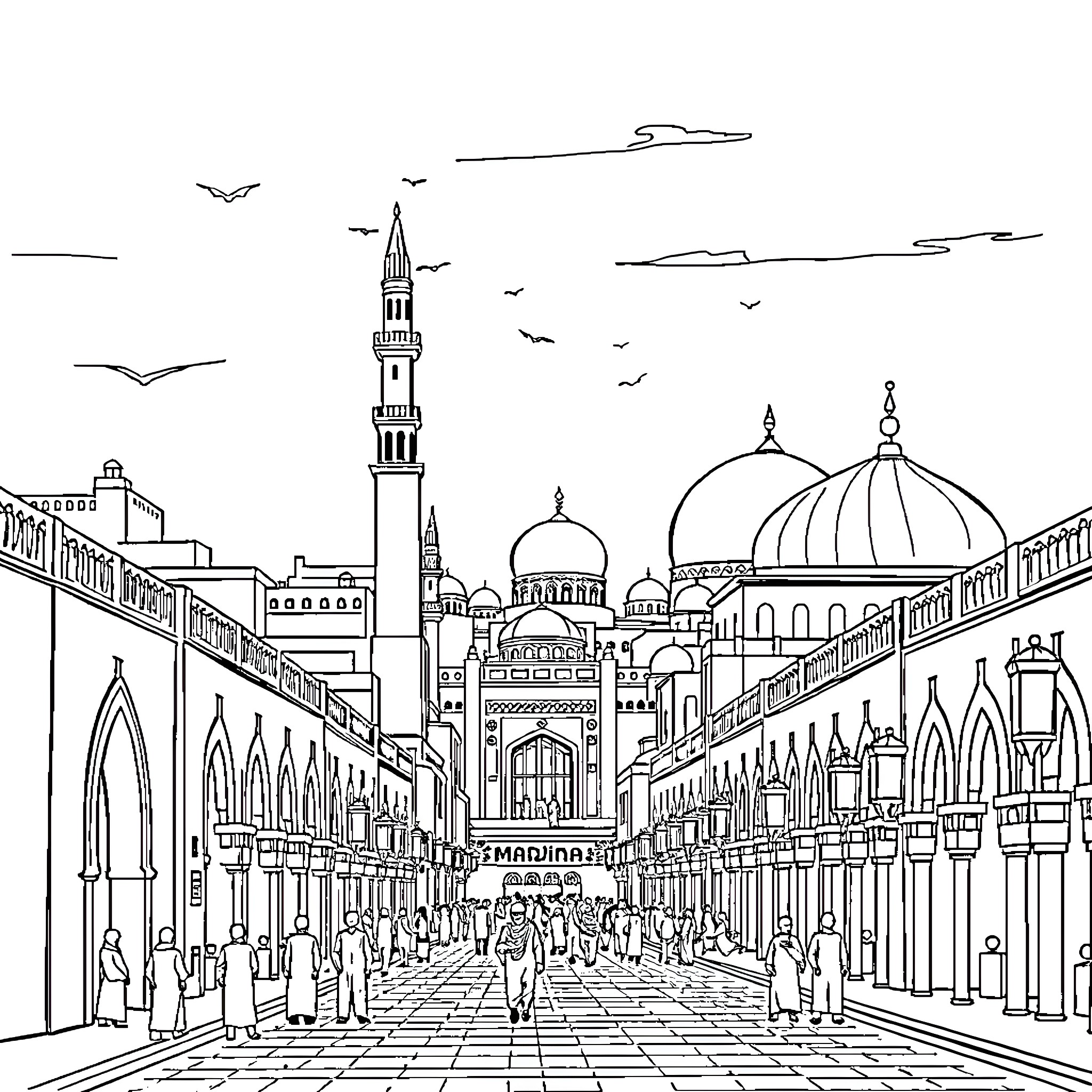 Madina al Munawwarah - Bustling marketplace with iconic architecture Coloring Page (free black-and-white line drawing printable PDF for all, from beginners to advanced learners, including children, teens, adults, and seniors)