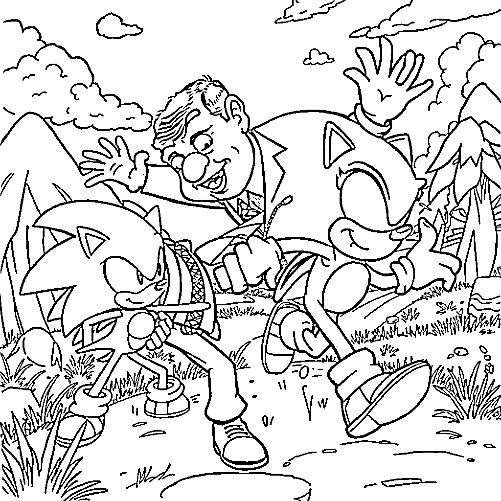 Mr Bean's Wacky Adventures with Sonic the Hedgehog Coloring Page (free black-and-white line drawing printable PDF for all, from beginners to advanced learners, including children, teens, adults, and seniors)