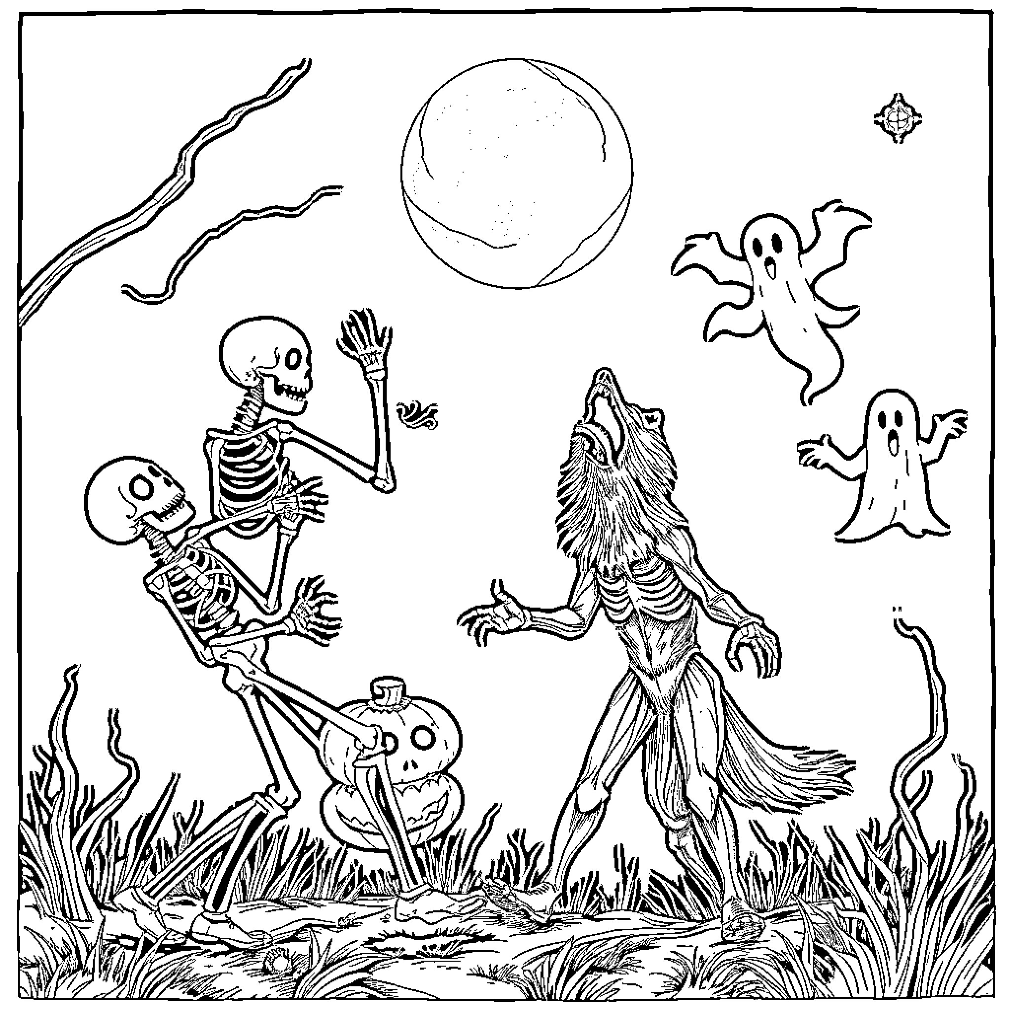 Skeleton Figures Engaging in Supernatural Scenes Coloring Page (free black-and-white line drawing printable PDF for all, from beginners to advanced learners, including children, teens, adults, and seniors)