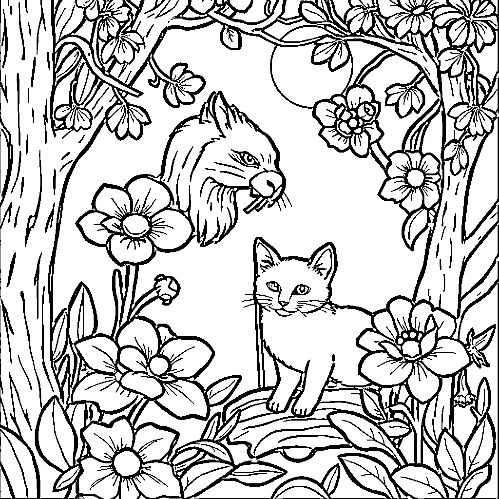 Wolf and Cat in a Floral Woodland Scene Coloring Page (free black-and-white line drawing printable PDF for all, from beginners to advanced learners, including children, teens, adults, and seniors)