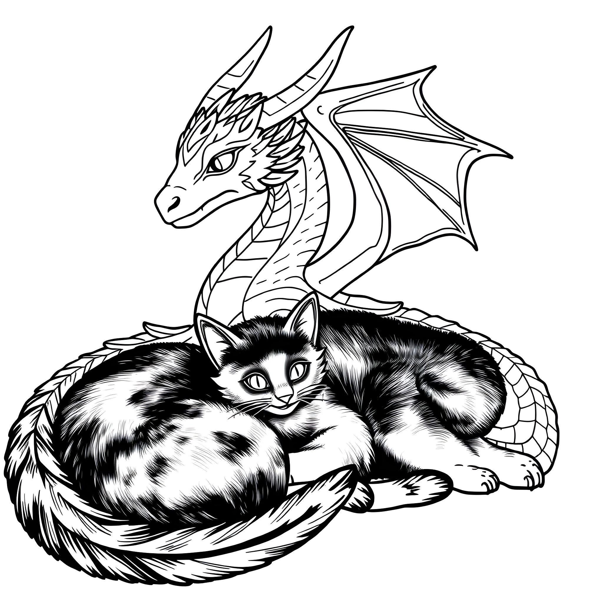 Dragon protecting its kitten companion Coloring Page (free black-and-white line drawing printable PDF for all, from beginners to advanced learners, including children, teens, adults, and seniors)