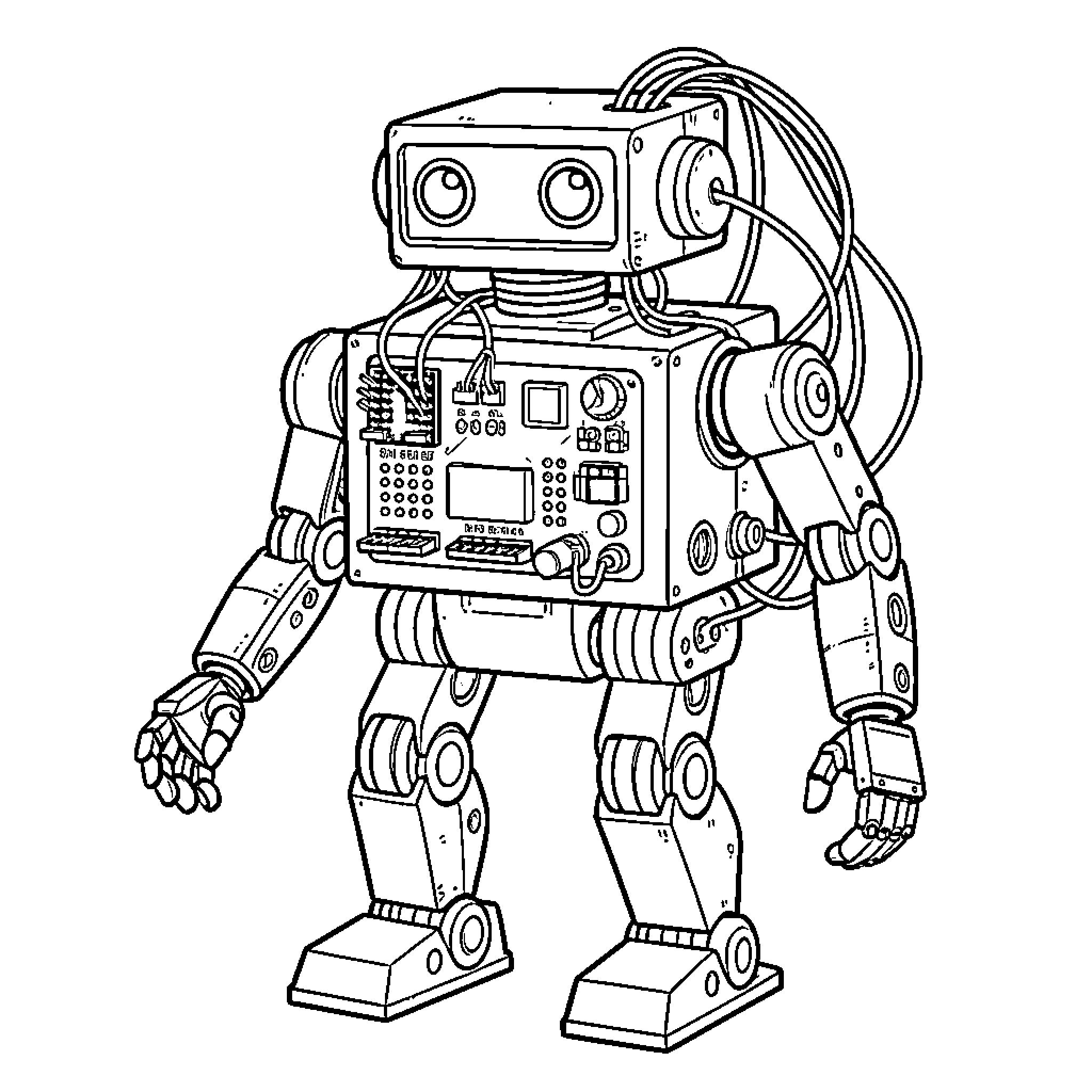 Robot standing upright with visible mechanical components Coloring Page (free black-and-white line drawing printable PDF for all, from beginners to advanced learners, including children, teens, adults, and seniors)