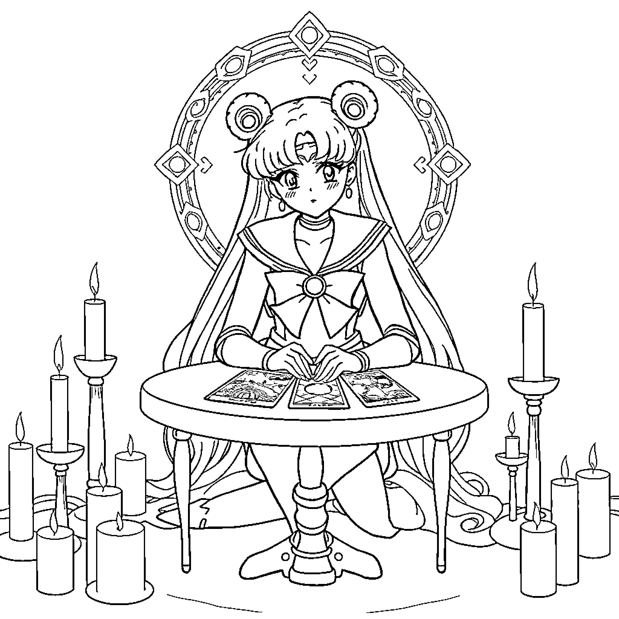 Sailormoon Performing Divination Ritual Coloring Page (free black-and-white line drawing printable PDF for all, from beginners to advanced learners, including children, teens, adults, and seniors)