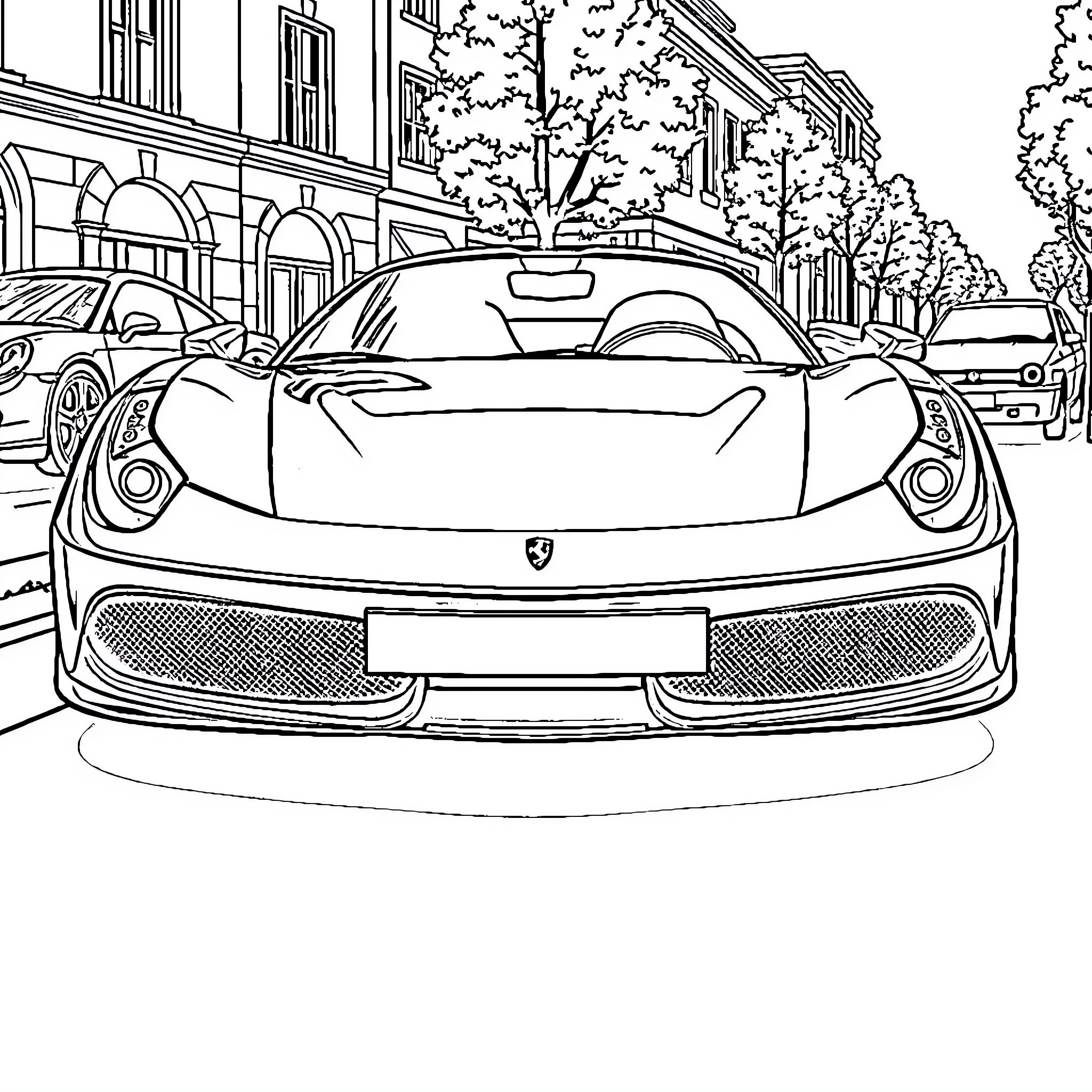 Ferrari supercar on city street Coloring Page (free black-and-white line drawing printable PDF for all, from beginners to advanced learners, including children, teens, adults, and seniors)