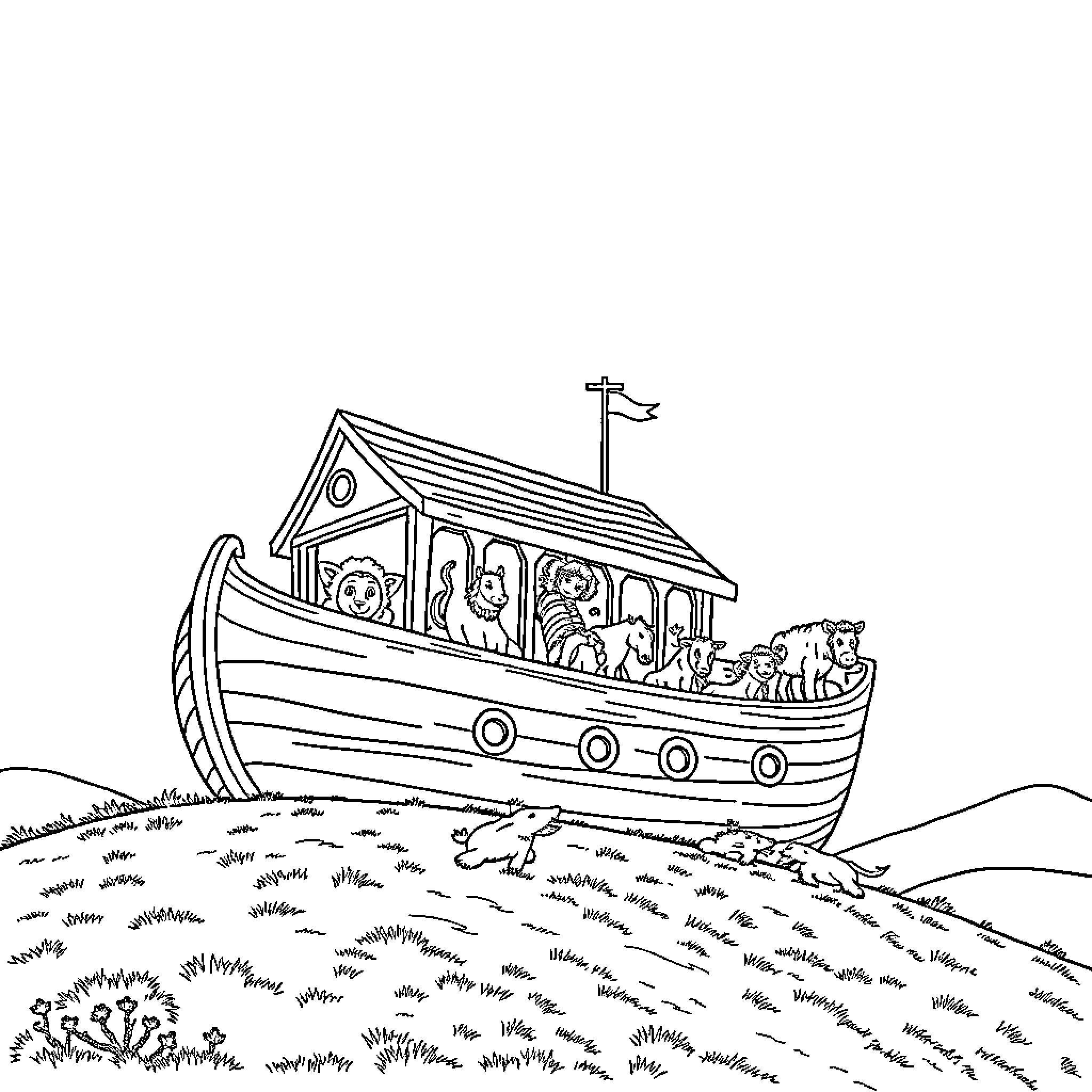 Noah's Ark with animals and passengers on a journey Coloring Page (free black-and-white line drawing printable PDF for all, from beginners to advanced learners, including children, teens, adults, and seniors)