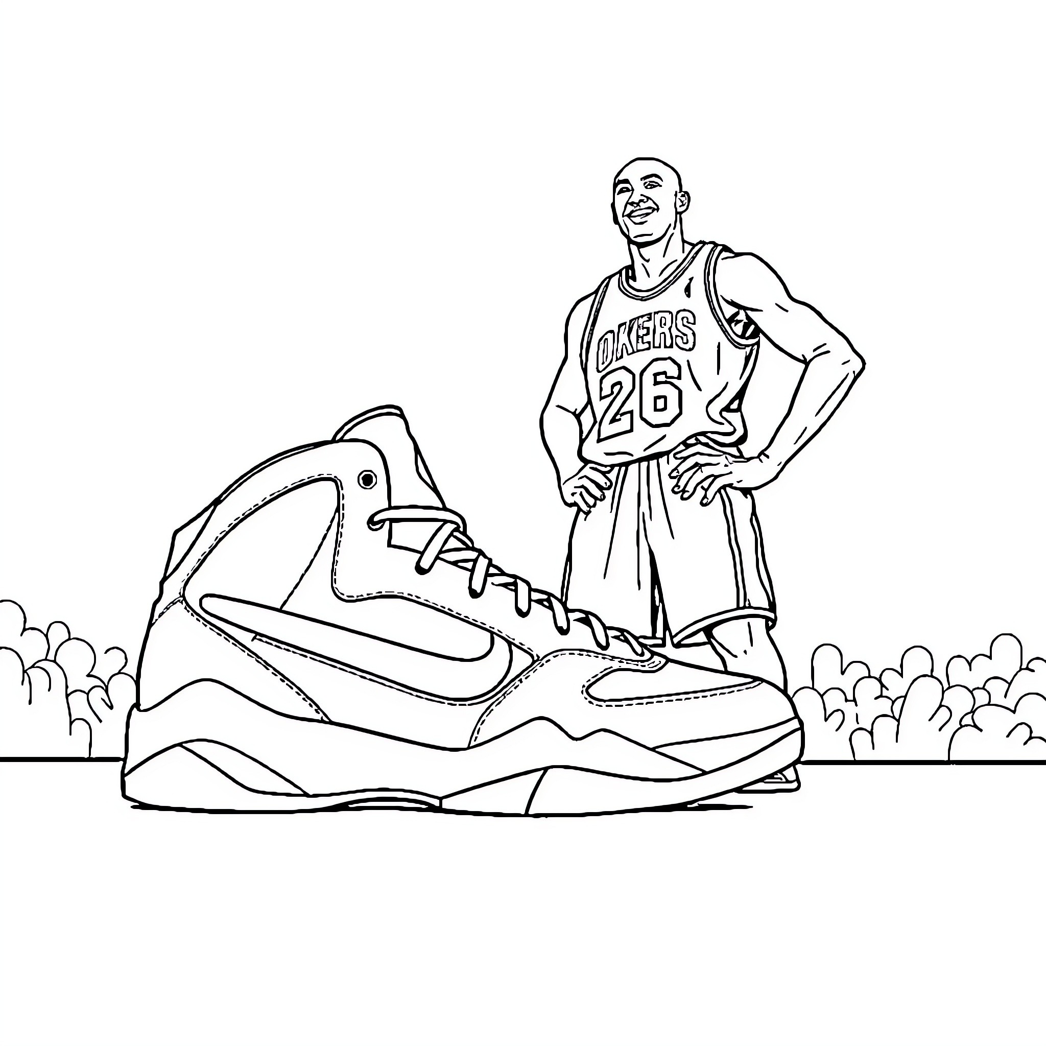 Shoe featuring basketball player and basketball court Coloring Page (free black-and-white line drawing printable PDF for all, from beginners to advanced learners, including children, teens, adults, and seniors)