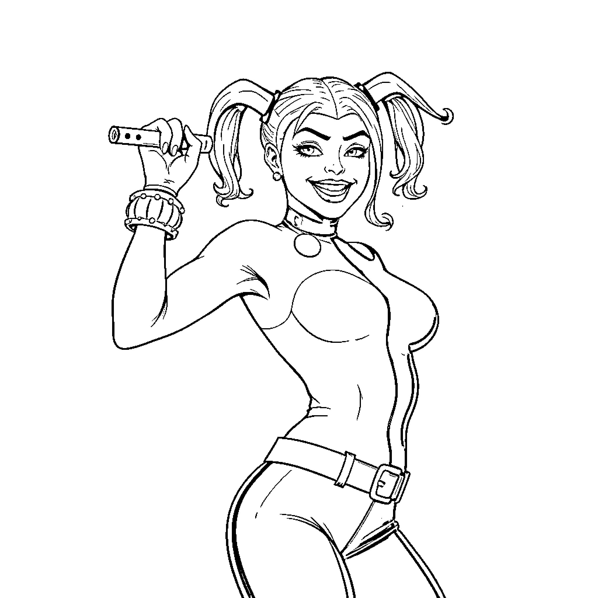 Harley Quinn holding a microphone, smiling Coloring Page (free black-and-white line drawing printable PDF for all, from beginners to advanced learners, including children, teens, adults, and seniors)