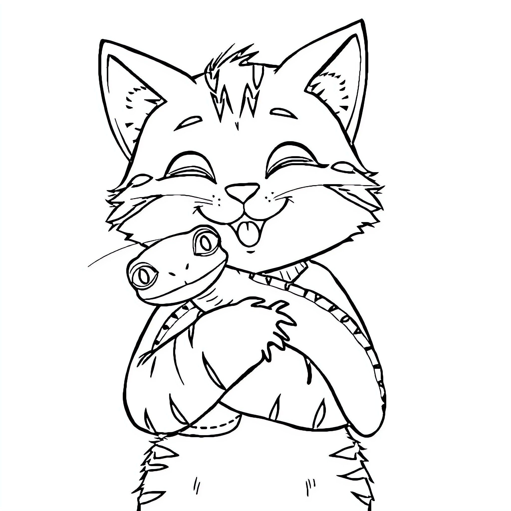 Catboy playing with a friendly gecko Coloring Page (free black-and-white line drawing printable PDF for all, from beginners to advanced learners, including children, teens, adults, and seniors)