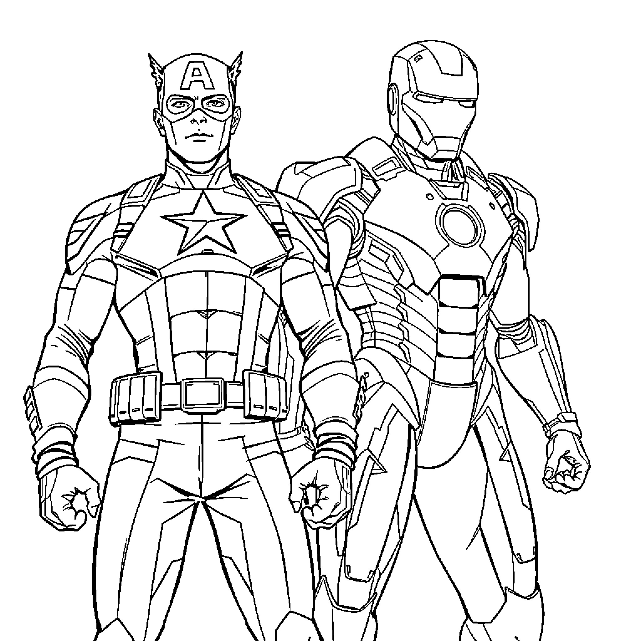 Captain America and Iron Man in Action Poses Coloring Page (free black-and-white line drawing printable PDF for all, from beginners to advanced learners, including children, teens, adults, and seniors)