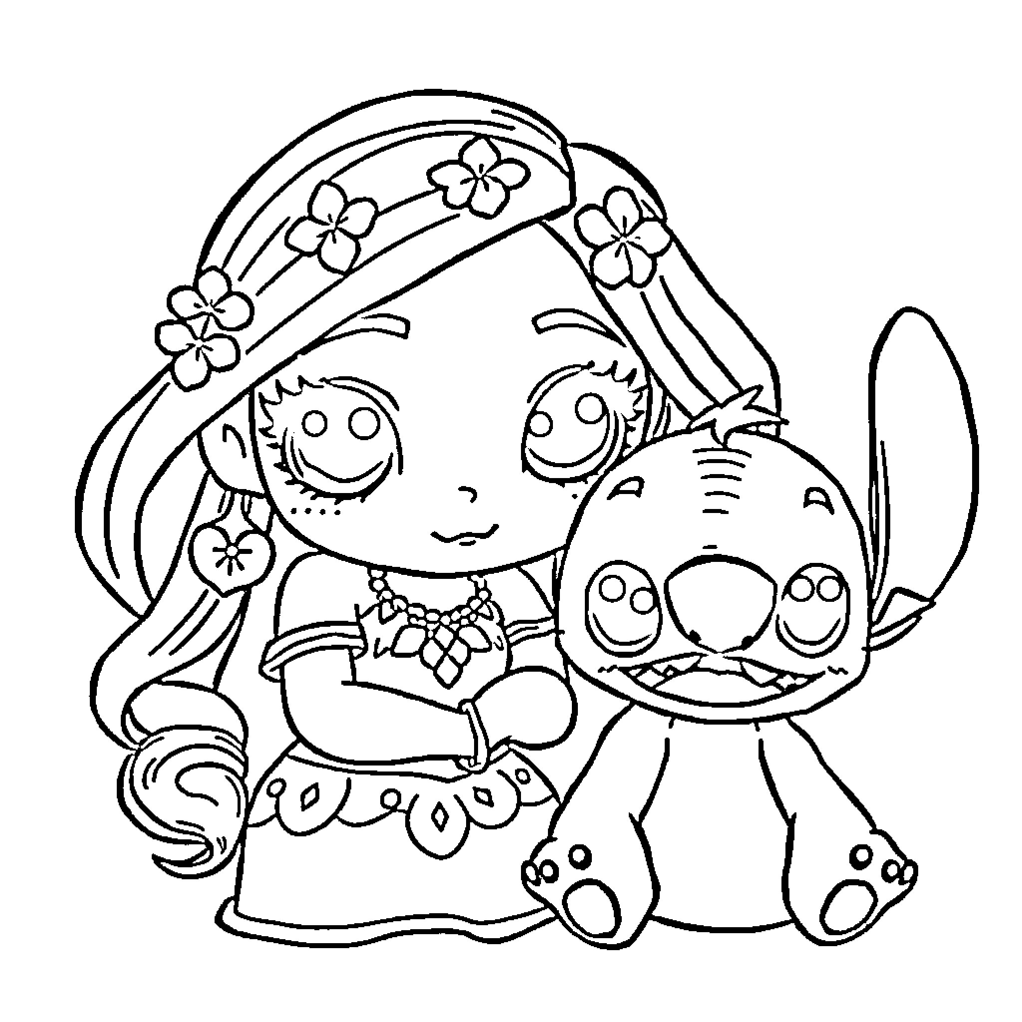 Vaiana playing with her animal friend Coloring Page (free black-and-white line drawing printable PDF for all, from beginners to advanced learners, including children, teens, adults, and seniors)