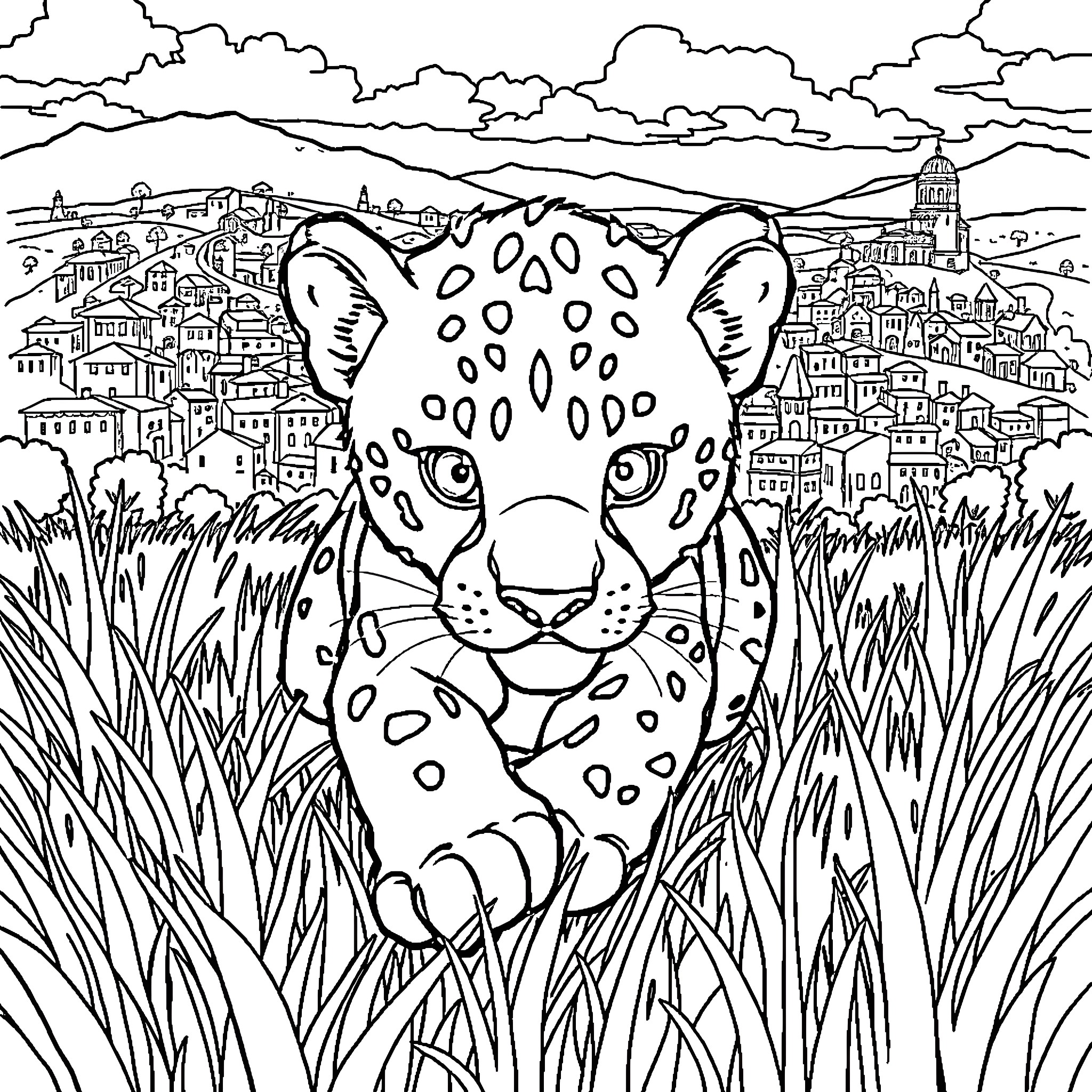 Panther Hiding in the Lush Jungle Landscape Coloring Page (free black-and-white line drawing printable PDF for all, from beginners to advanced learners, including children, teens, adults, and seniors)