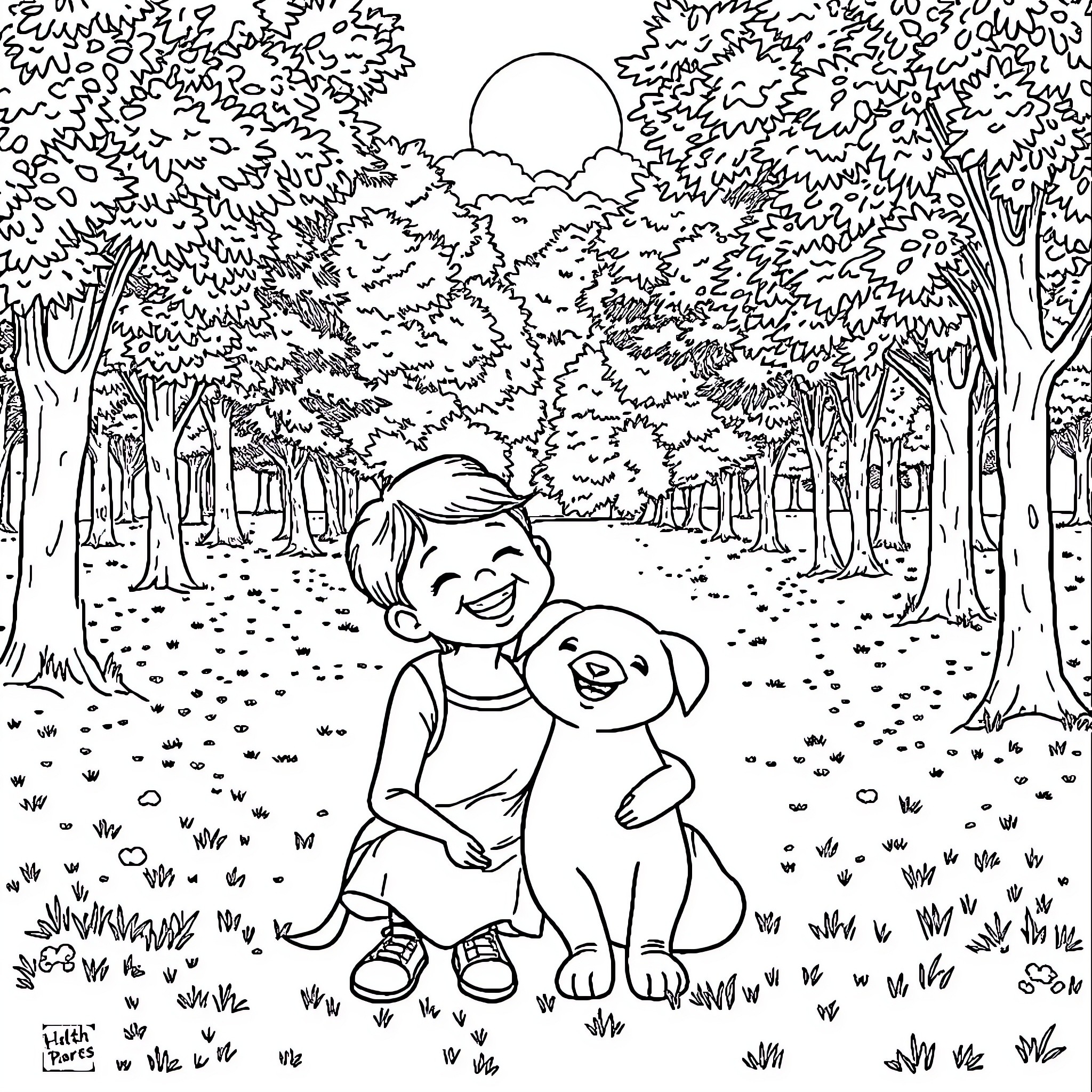 Couple enjoying nature in the forest Coloring Page (free black-and-white line drawing printable PDF for all, from beginners to advanced learners, including children, teens, adults, and seniors)