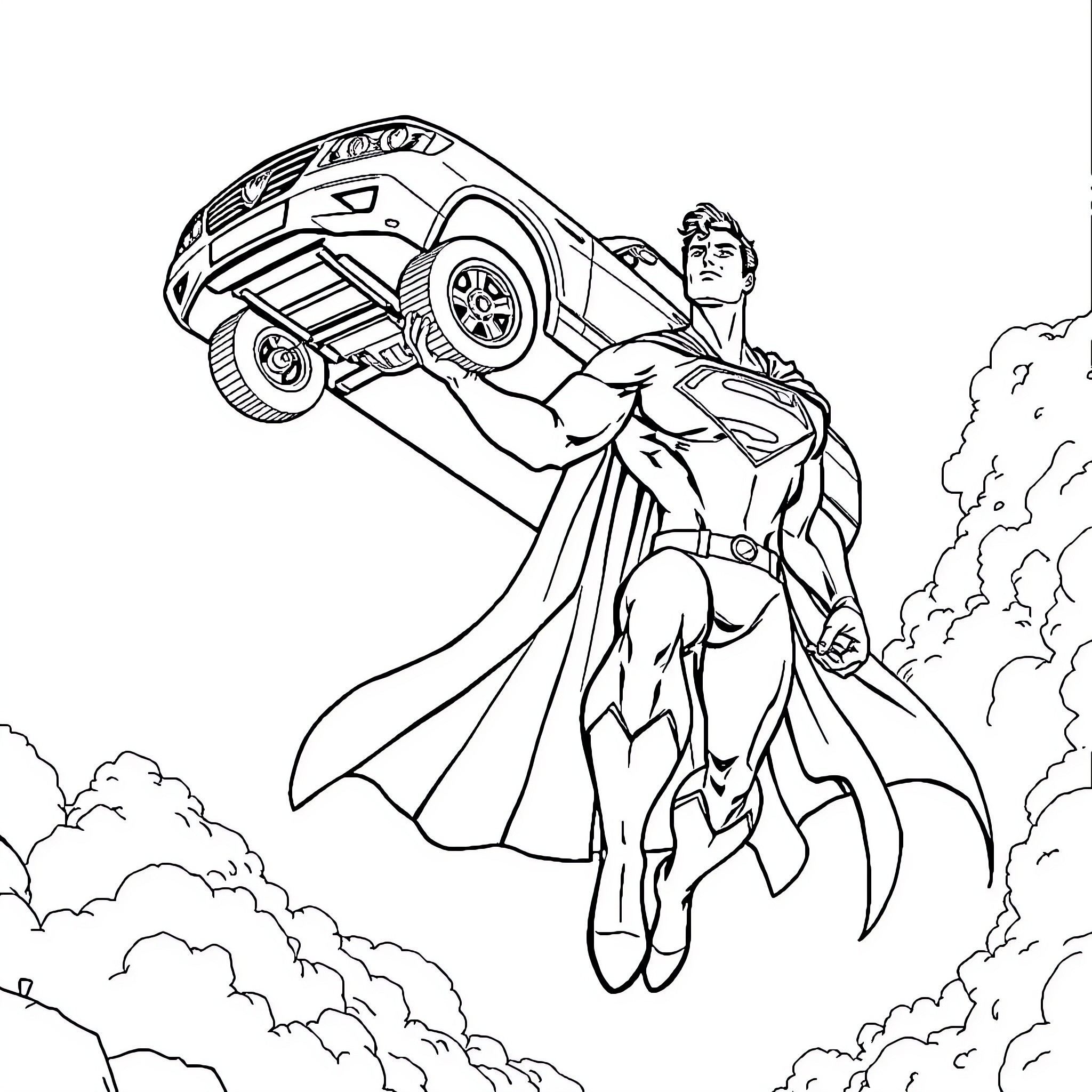 Superman lifting a car in heroic action Coloring Page (free black-and-white line drawing printable PDF for all, from beginners to advanced learners, including children, teens, adults, and seniors)