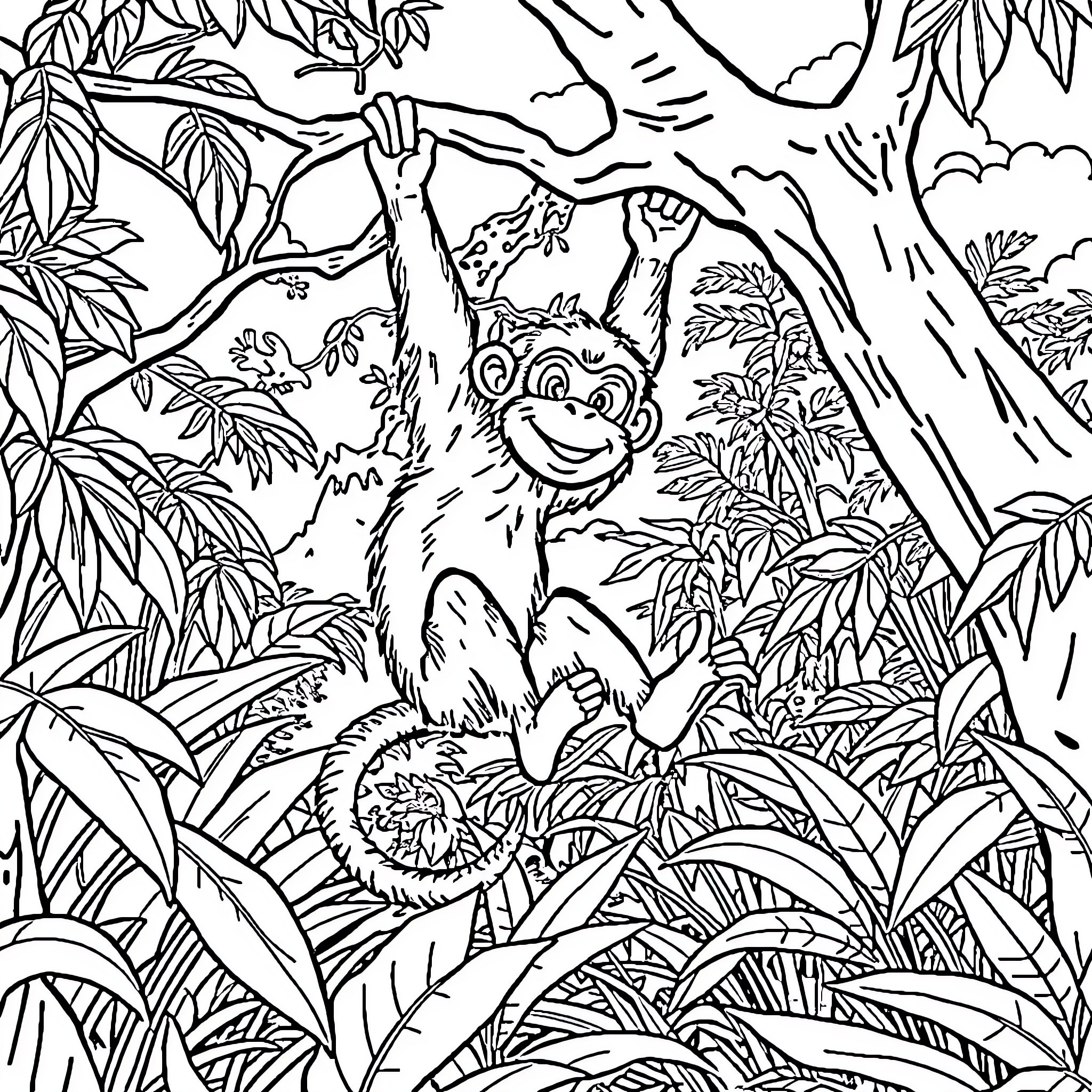 Monkey swinging playfully in jungle scene Coloring Page (free black-and-white line drawing printable PDF for all, from beginners to advanced learners, including children, teens, adults, and seniors)