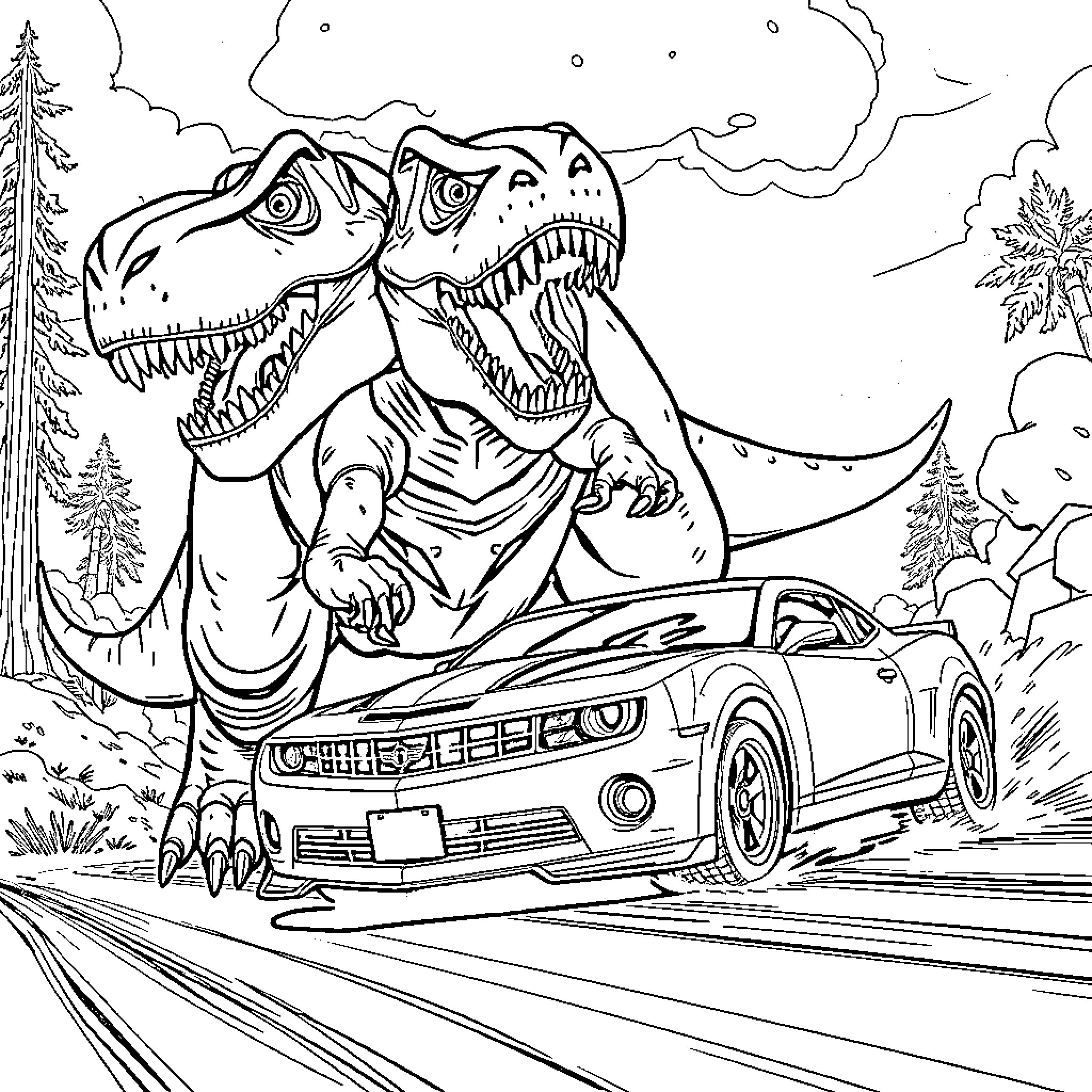 T-Rex Chasing Sports Car Through Wilderness Coloring Page (free black-and-white line drawing printable PDF for all, from beginners to advanced learners, including children, teens, adults, and seniors)