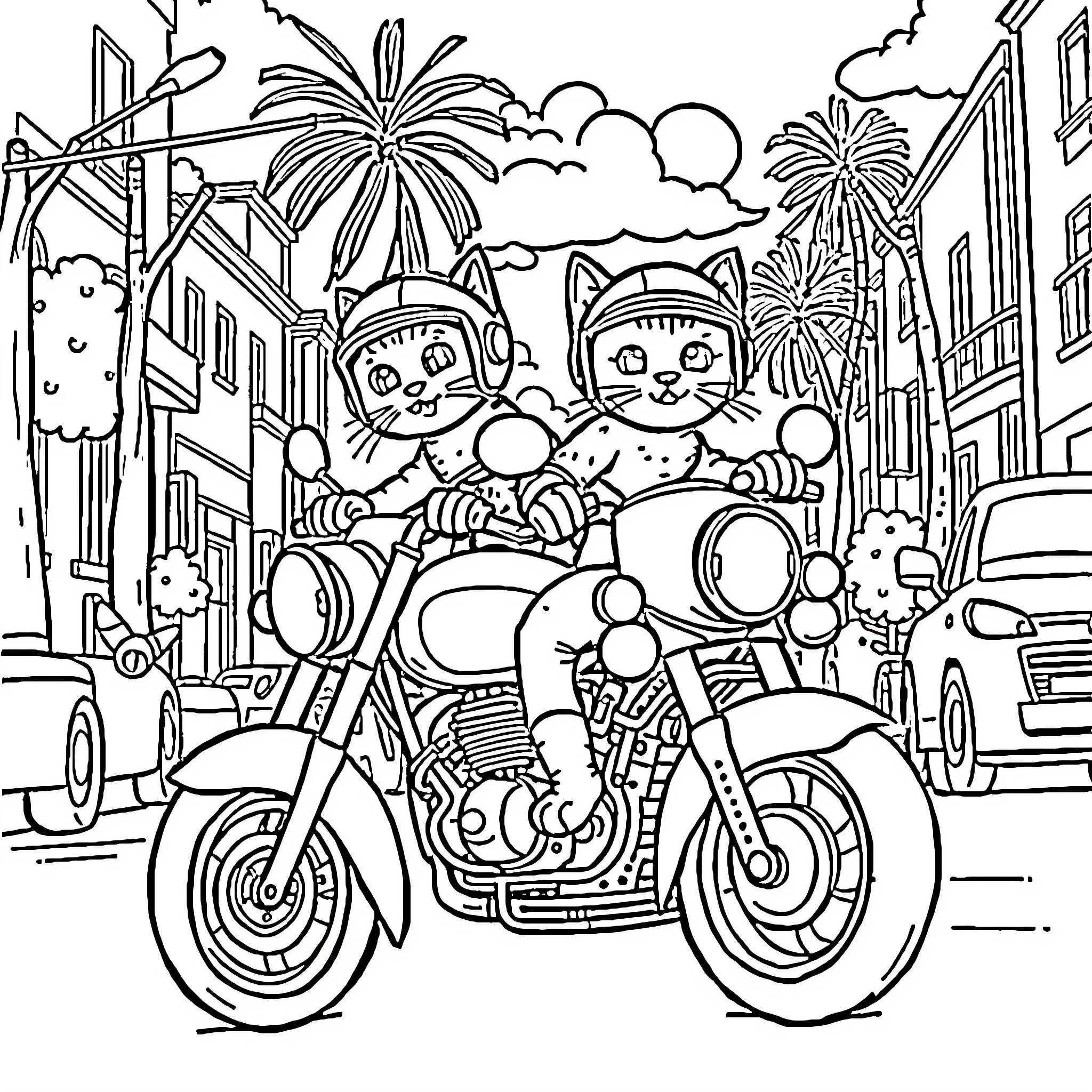 Cat couple riding motorbikes in the city Coloring Page (free black-and-white line drawing printable PDF for all, from beginners to advanced learners, including children, teens, adults, and seniors)