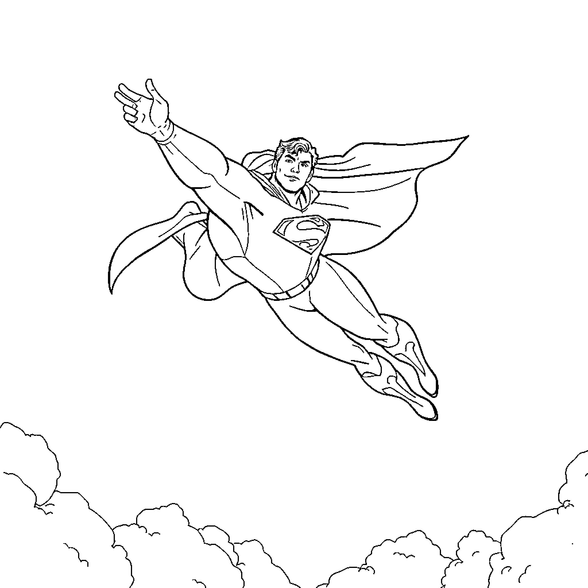 Superman soaring through the sky Coloring Page (free black-and-white line drawing printable PDF for all, from beginners to advanced learners, including children, teens, adults, and seniors)