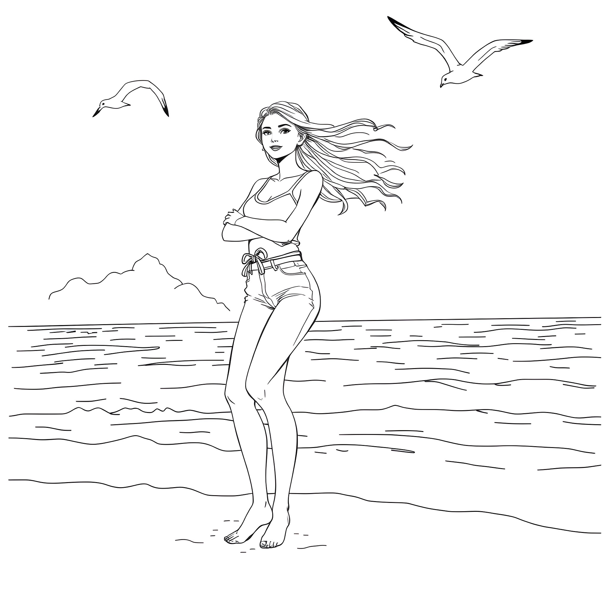 Girl standing confidently on the beach Coloring Page (free black-and-white line drawing printable PDF for all, from beginners to advanced learners, including children, teens, adults, and seniors)