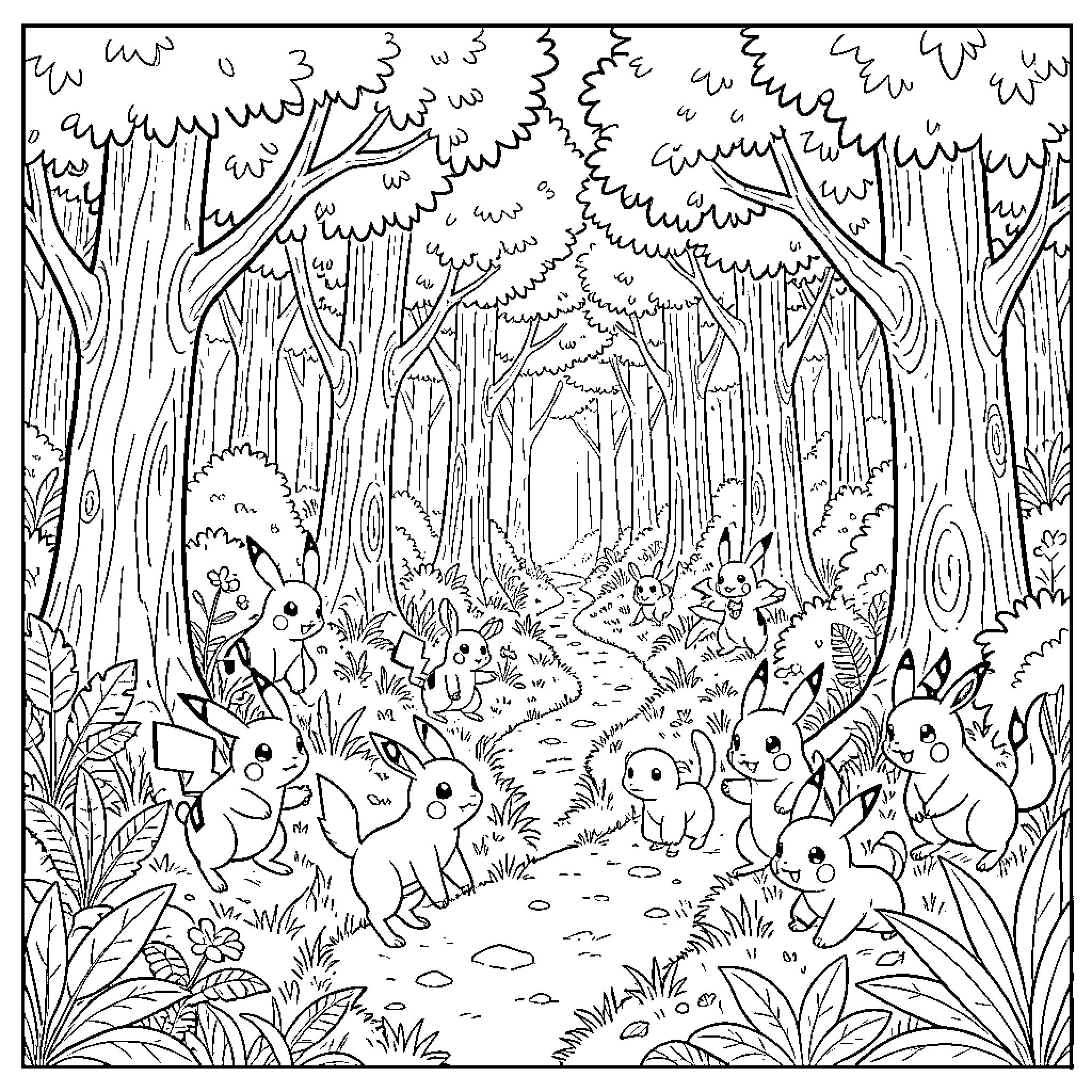 Pokémon gathering and playing together in a lush forest Coloring Page (free black-and-white line drawing printable PDF for all, from beginners to advanced learners, including children, teens, adults, and seniors)