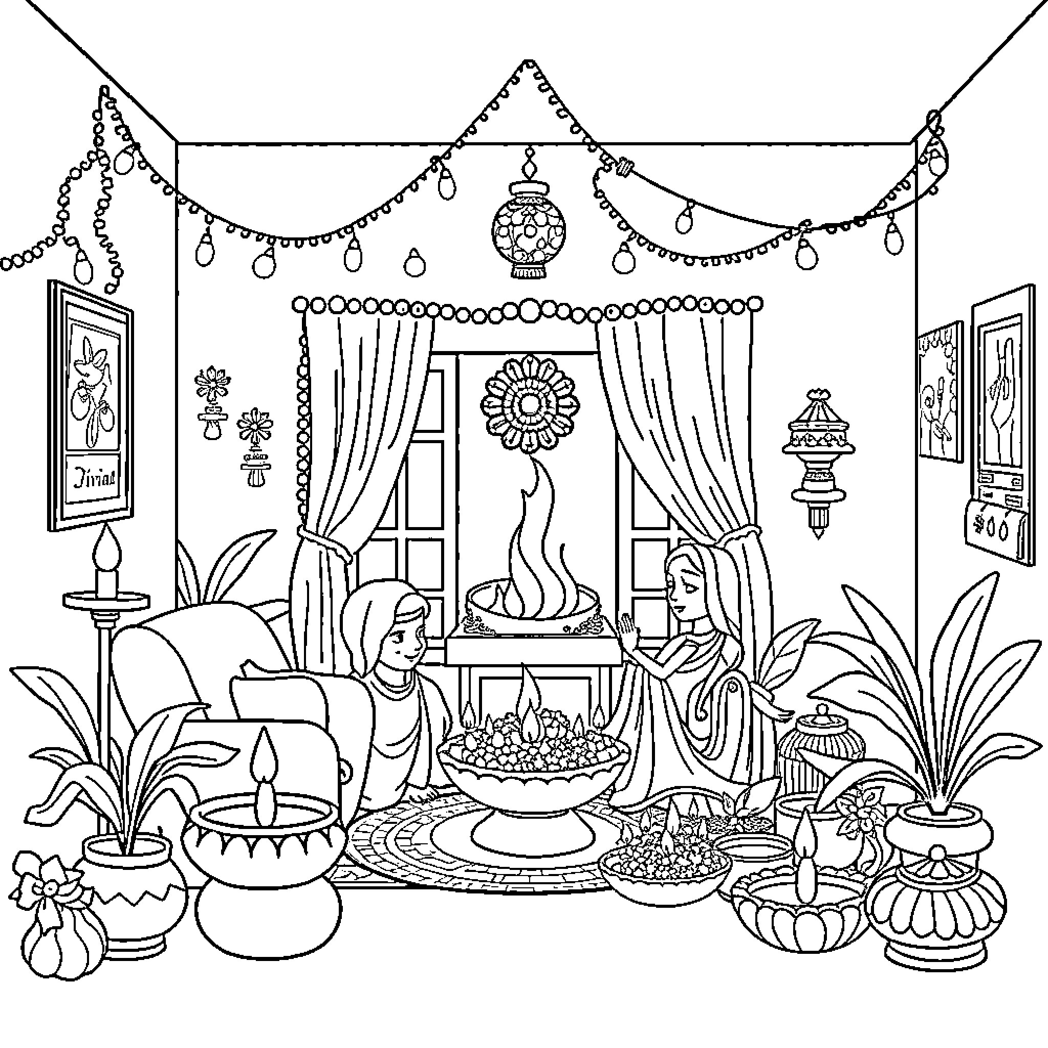 Diwali celebrations with traditional decorations and rituals Coloring Page (free black-and-white line drawing printable PDF for all, from beginners to advanced learners, including children, teens, adults, and seniors)